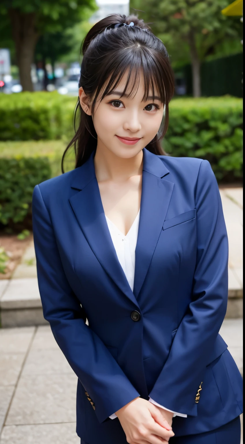 A scene of a woman wearing a low-cut suit sitting on a bench on a sunny day with a great smile