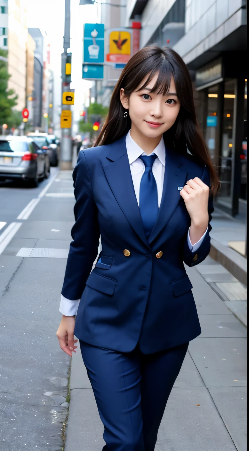Best-quality, Masterpiece, Ultra-High-Resolution, (Photorealistic:1.4), Raw-Photo, 1girl, the most famous Japanese idol, wearing navy-blue business-suit, extremely cute face like the most popular Japanese idol, extremely beautiful big-black-eyes, extremely beautiful gorgeous-hairstyle, extremely beautiful skins, extremely beautiful thighs, extremely beautiful hip, looking at viewer, innocent-smile, dynamic-pose, detailed navy-blue-business-suit