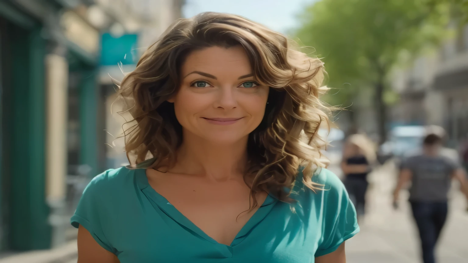 Lina is a beautiful 40-year-old woman with wavy brown hair and a very confident appearance. She wears tight jeans and a turquoise blue short-sleeved top.Lina's eyes are light brown with intense green highlights.In this image, we see Lina seat behind her desktop, recording her podcast, looking to the camera, close up. Style : hyper realistic