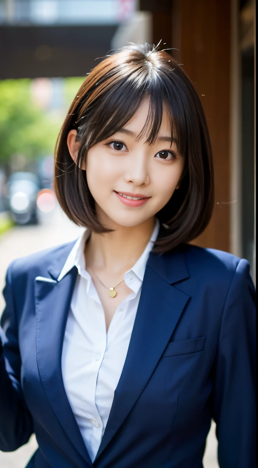 Best-quality, Masterpiece, Ultra-High-Resolution, (Photorealistic:1.4), Raw-Photo, 1girl, the most famous Japanese idol, wearing navy-blue business-suit, extremely cute face like the most popular Japanese idol, extremely beautiful big-black-eyes, extremely beautiful gorgeous-hairstyle, extremely beautiful skins, extremely beautiful hip, looking at viewer, innocent-smile, dynamic-pose, detailed navy-blue-business-suit
