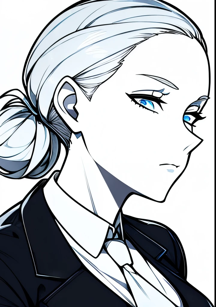 One Young Adult female, white and tender skin, pale blonde slicked back into a short ponytail, steel blue eyes, light and carefree expression, wearing black suit jacket and tie, portrait style, facing forwards