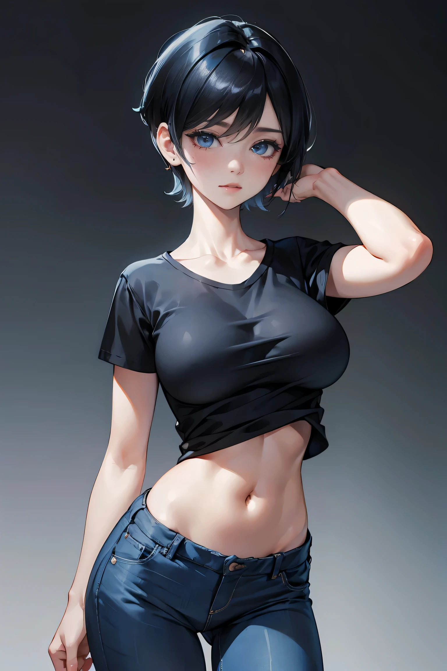 miss , blue skinny jeans , black background , white t-shirt , large pelvis , big bust , black hair , short cut