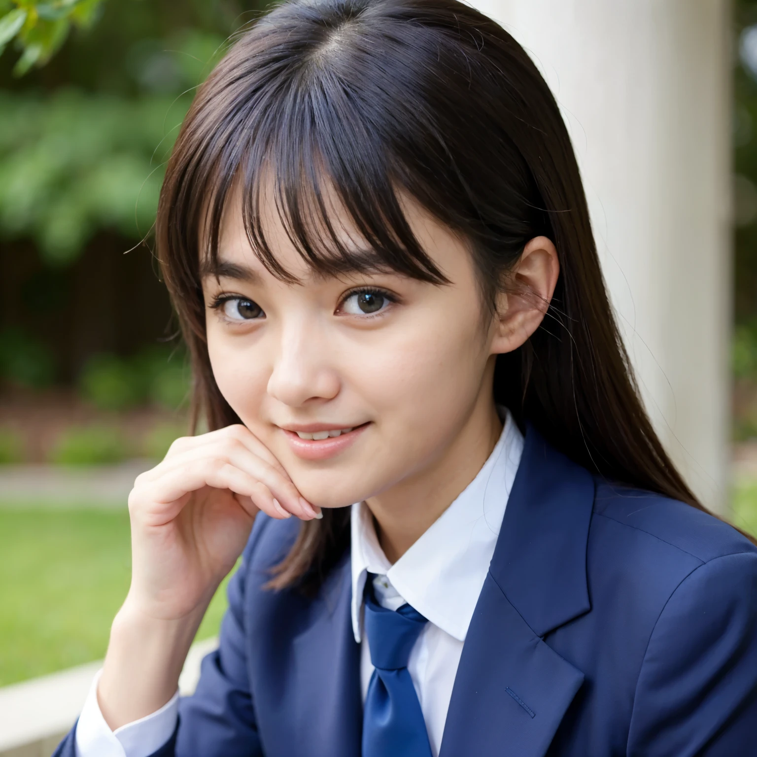 Best-quality, Masterpiece, Ultra-High-Resolution, (Photorealistic:1.4), Raw-Photo, 1girl, 12-years-old, the most famous Japanese idol, wearing navy-blue business-suit, extremely cute face like the most popular Japanese idol, extremely beautiful big-black-eyes, extremely beautiful gorgeous-hairstyle, extremely beautiful skins, looking at viewer, innocent-smile, dynamic-pose, detailed navy-blue-business-suit