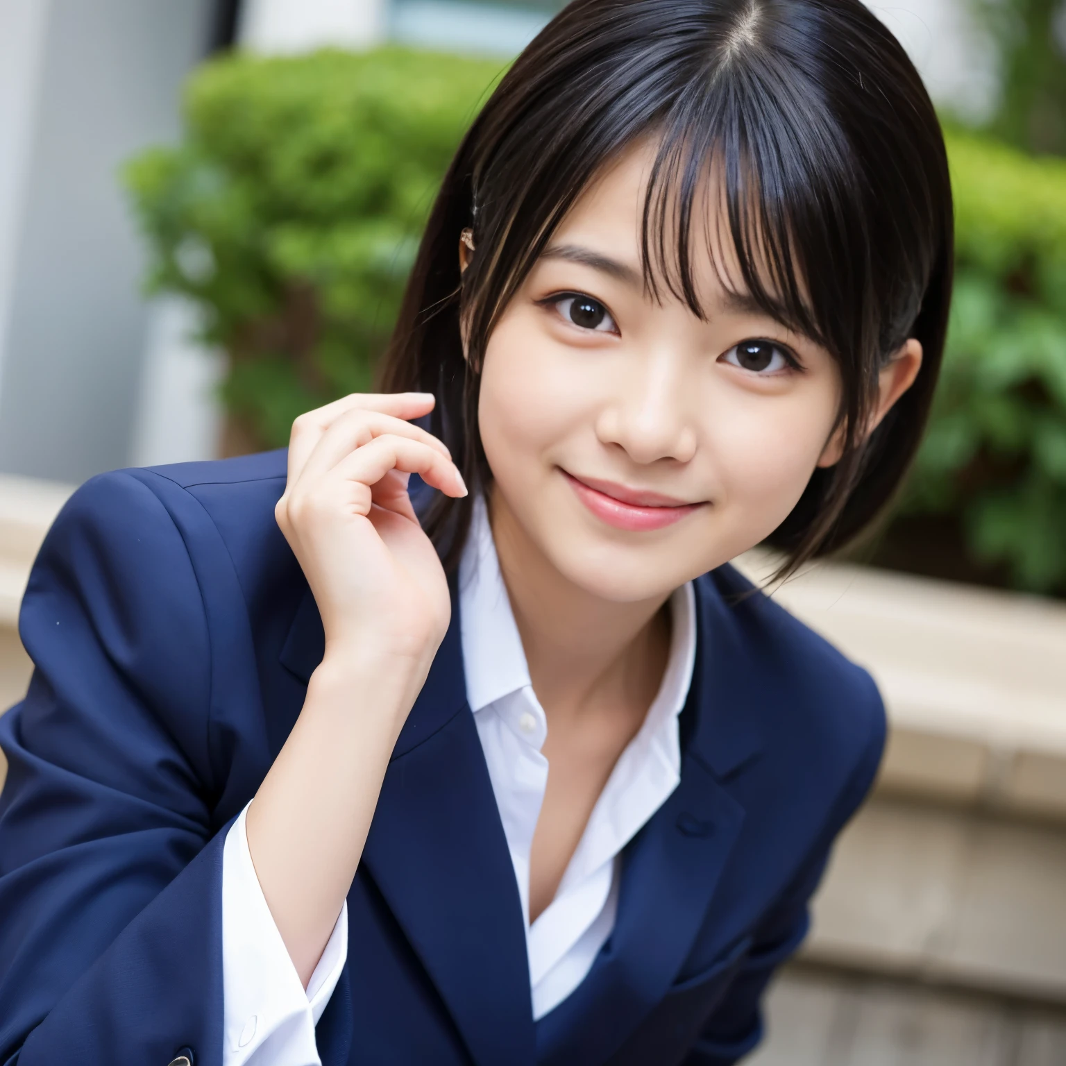 Best-quality, Masterpiece, Ultra-High-Resolution, (Photorealistic:1.4), Raw-Photo, 1girl, 12-years-old, the most famous Japanese idol, wearing navy-blue business-suit, extremely cute face like the most popular Japanese idol, extremely beautiful big-black-eyes, extremely beautiful gorgeous-hairstyle, extremely beautiful skins, looking at viewer, innocent-smile, dynamic-pose, detailed navy-blue-business-suit