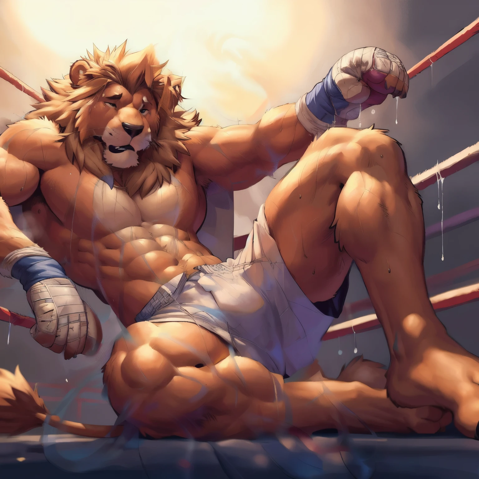 (ultra quality):1.4, color, smooth comics style, (by takemoto arashi, by meesh, by Taran Fiddler), solo:1, anthro lion, detailed fur, muscles:1, athletic build, abs, correct anatomy, anime martial arts, sweat:1, sweat dripping, strong:1 masculine, boxing ring, resting after a hard fight, exhausted, angry, wearing boxing gloves, detailed boxing gloves,
