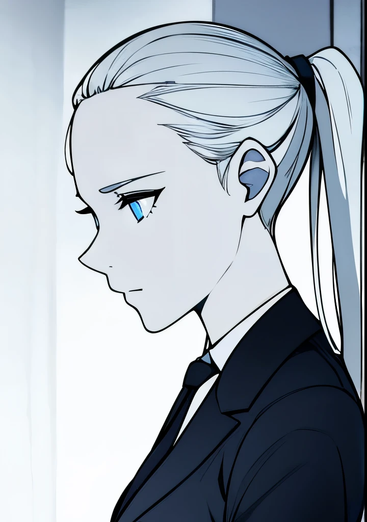 One Young Adult female, white and tender skin, pale blonde slicked back into a short ponytail, steel blue eyes, light and carefree expression, wearing black suit jacket and tie, portrait style, facing forwards
