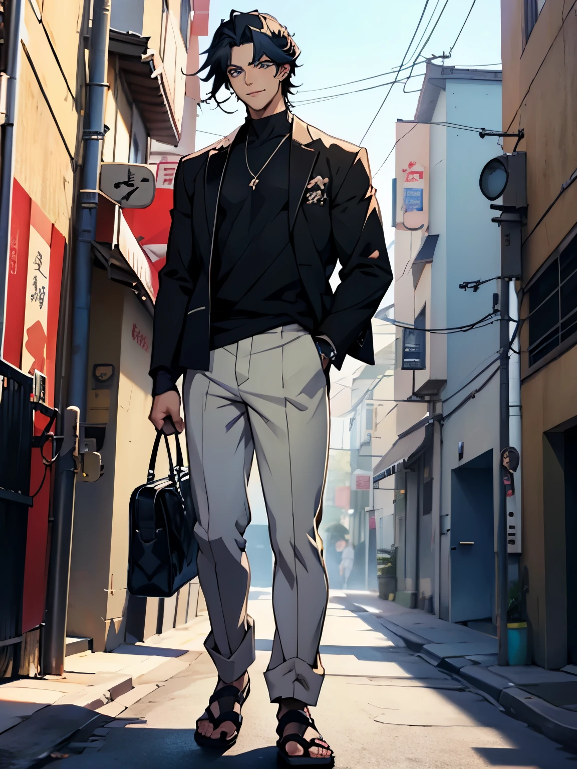 anime guy with long black hair and blue eyes standing on a sidewalk, handsome guy art, anime handsome man, anime portrait of a handsome man, handsome japanese boy, boy smiles very cute, handsome anime pose, young anime man, male anime character, official character art, tall anime guy with blue eyes, male anime style, official character illustration, pretty boy, beautiful face, cool fashion style 