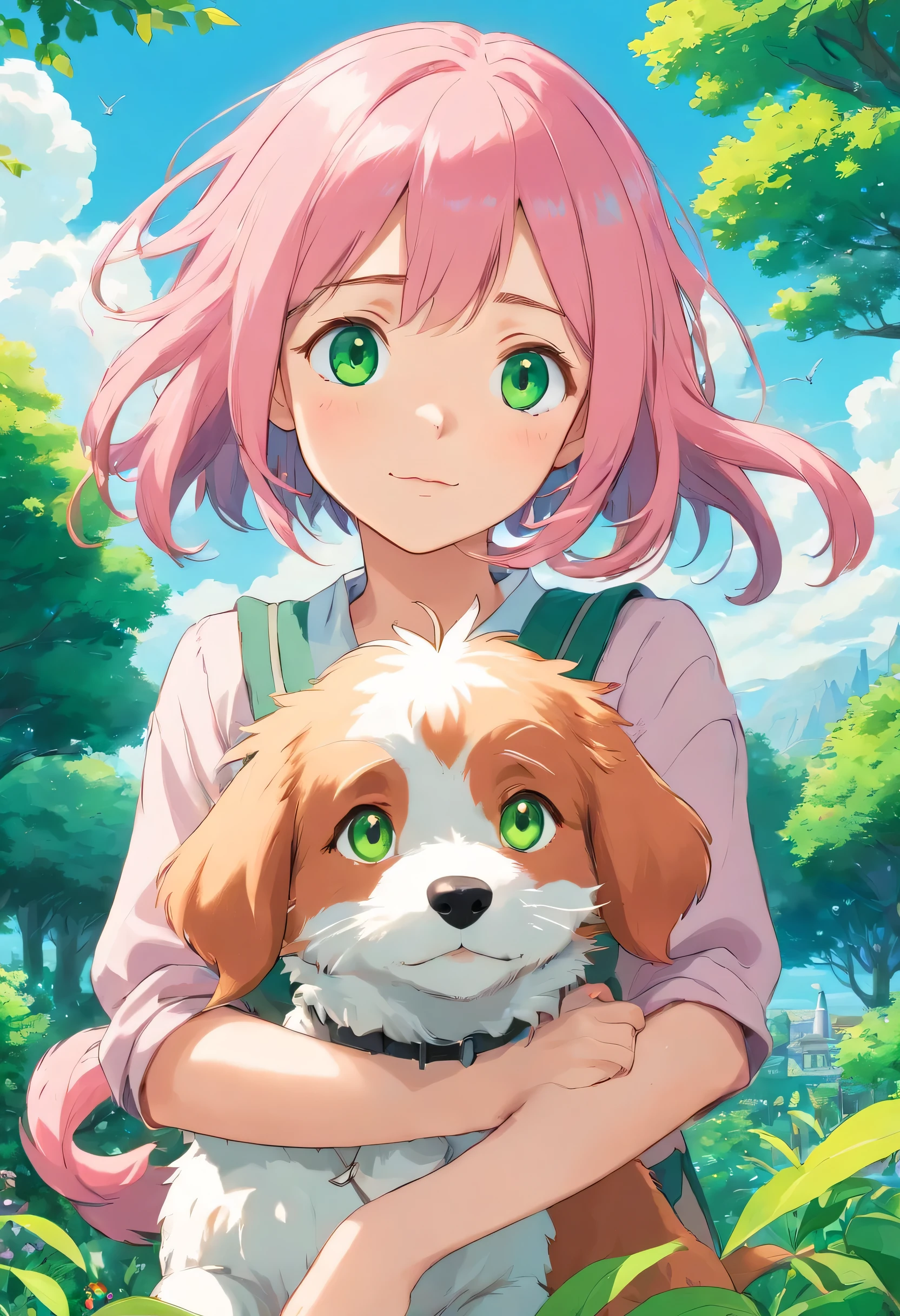 A girl with pink hair cute beautiful eyes petting the dog in green garden blue sky friendly weather girl from the front