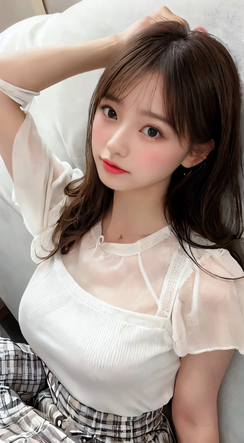 top-quality、hight resolution、ultra-detailliert、masterpiece、Raw photography、realisitic、Photorealsitic、extremely delicate and beautiful、finely detail、Textured skin、full-body shot、(in hotel)、1woman 、japanese、18year old、(((wearing white blouse and plaid long skirt))),detailed panties showing,(((lying down on the bed and spreading her legs))),focus her tights,、((rib knit blouse)),tall,Brown hair、wavy hair,short hair,Wearing makeup,、Do not wear anything on your arm、perfectly proportions,spreading her legs,focus her panties,(((sexual position missionary))),(((lying down on the bed))),ponytail,(((missionary pov))),splashing with semen,perfect and beautiful face,beautiful and detailed face、slim face and style,Big eyes、Do gal makeup,real photos,(((bare legs))),beautiful legs,beautiful tights