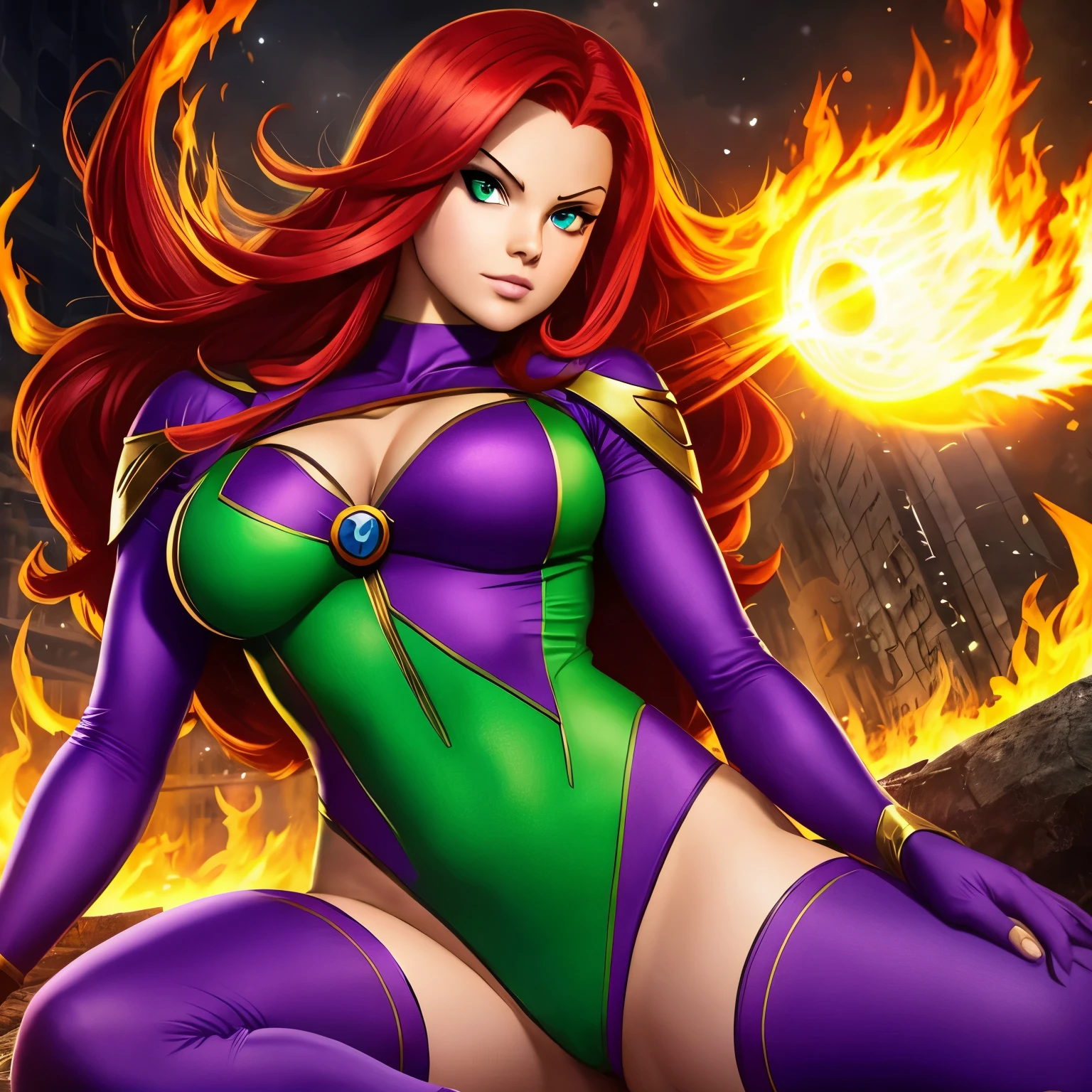 StarFire(teen titans), red hair, glowing green eyes, green gem, purple jumpsuit, large chest, cleavage, boob window, purple stockings, purple sleeves, bloody war in background, fire, 