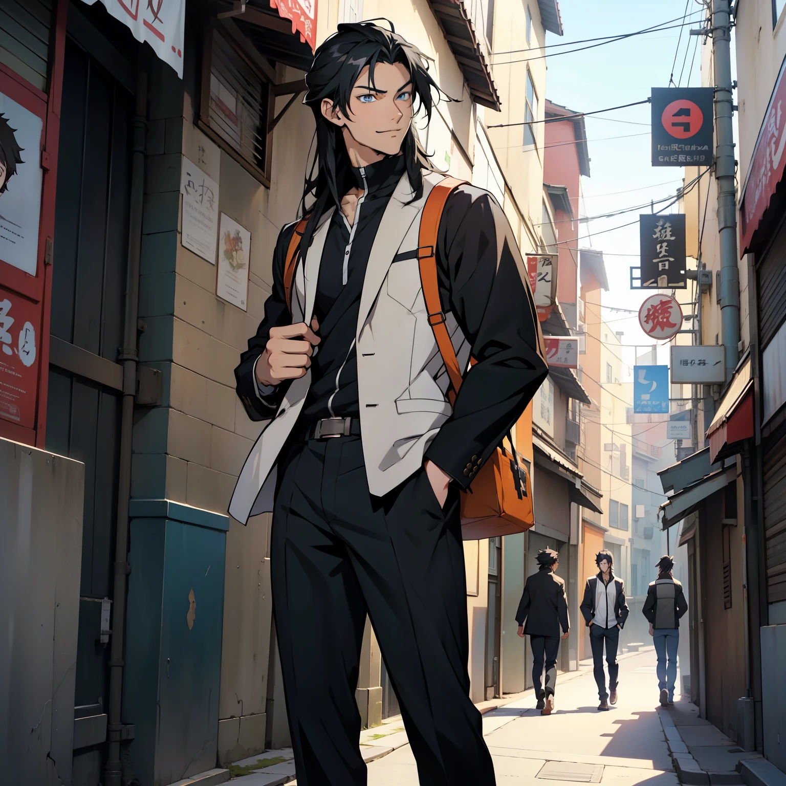 anime guy with long black hair and blue eyes standing on a sidewalk, handsome guy art, anime handsome man, anime portrait of a handsome man, handsome japanese boy, boy smiles very cute, handsome anime pose, young anime man, male anime character, official character art, tall anime guy with blue eyes, male anime style, official character illustration, pretty boy, beautiful face, cool fashion style