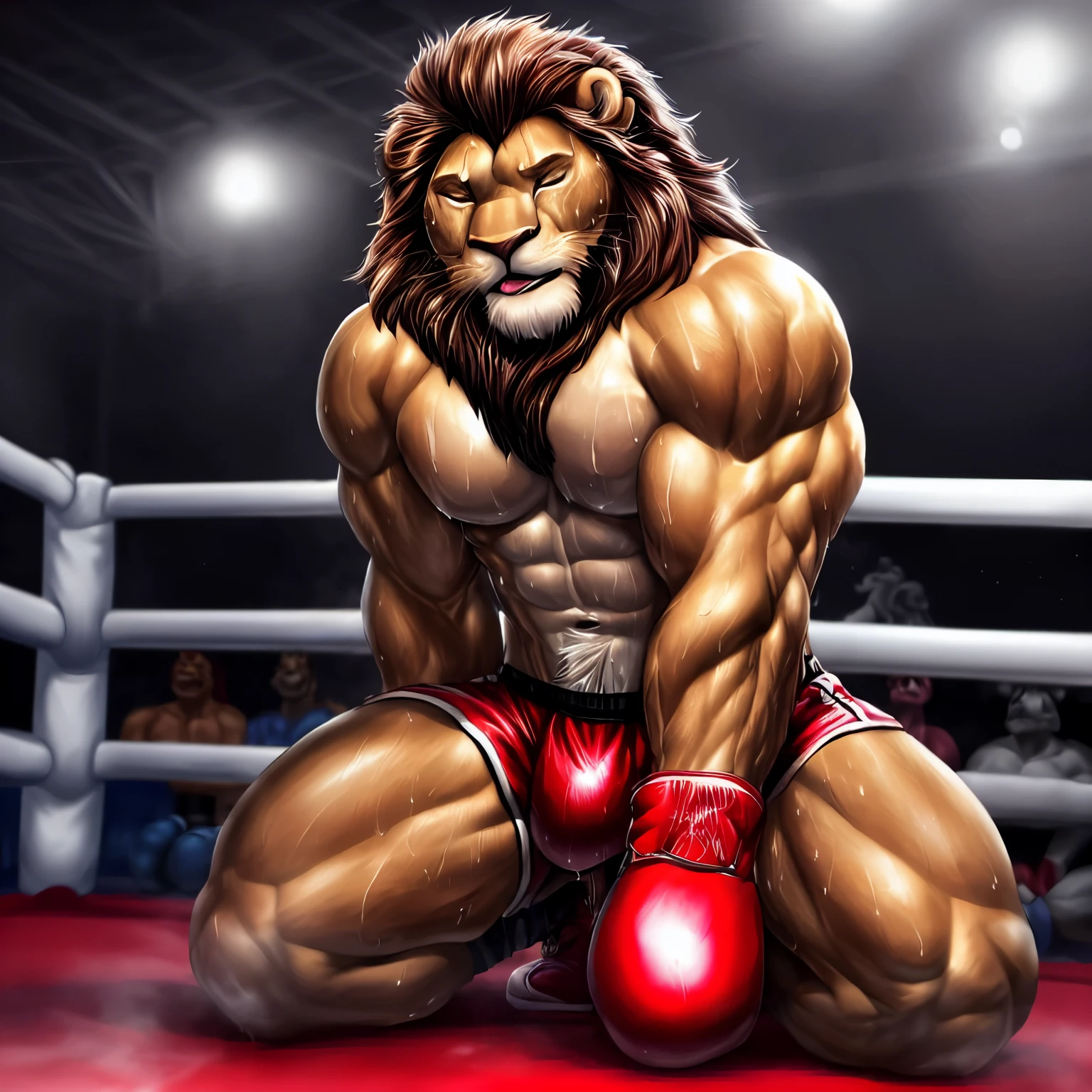 (extremely detailed and realistic masterpiece of an) ((male anthro lion)) with (muscles) and (athletic build), featuring (correct anatomy) and (detailed sweat droplets) glistening and emphasized, (collapsed and bent down) with an (exhausted and panting steamy breath). He's wearing (boxing gloves) and (shorts), kneeling alone in the (boxing ring) showcasing his (hard work and dedication).