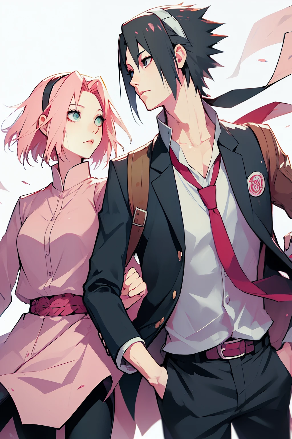 sasusaku. Sasuke Uchiha, tall man with black hair, wearing a white blouse and jeans, he holds a gun, is surrounded by zombies. Sakura, a thin woman with pink hair, she holds a crossbow, is in a zombie apocalypse
