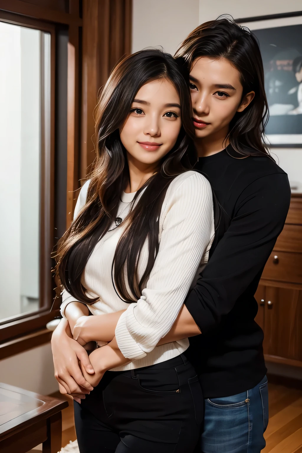 a 25 year old Indonesian woman, wavy brown hair, is hugged from behind by a 28 year old Indonesian man, long black wavy hair, very intimate, in the living room