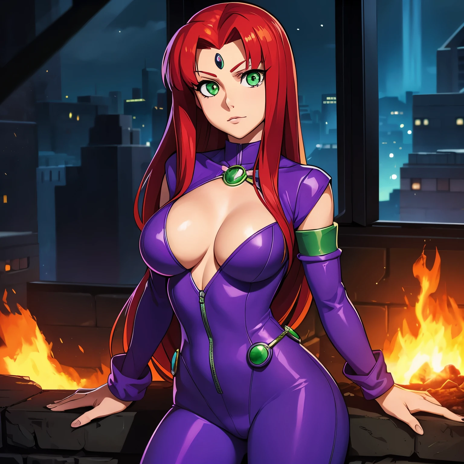 StarFire(teen titans), red hair, glowing green eyes, green gem, purple jumpsuit, large chest, cleavage, boob window, purple stockings, purple sleeves, bloody war in background, fire, 