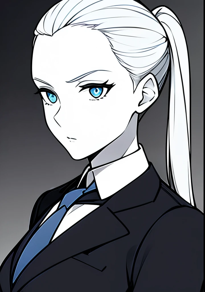 One Young Adult female, white and tender skin, pale blonde slicked back into a short ponytail, steel blue eyes, light and carefree expression, wearing black suit jacket and tie, portrait style, facing forwards