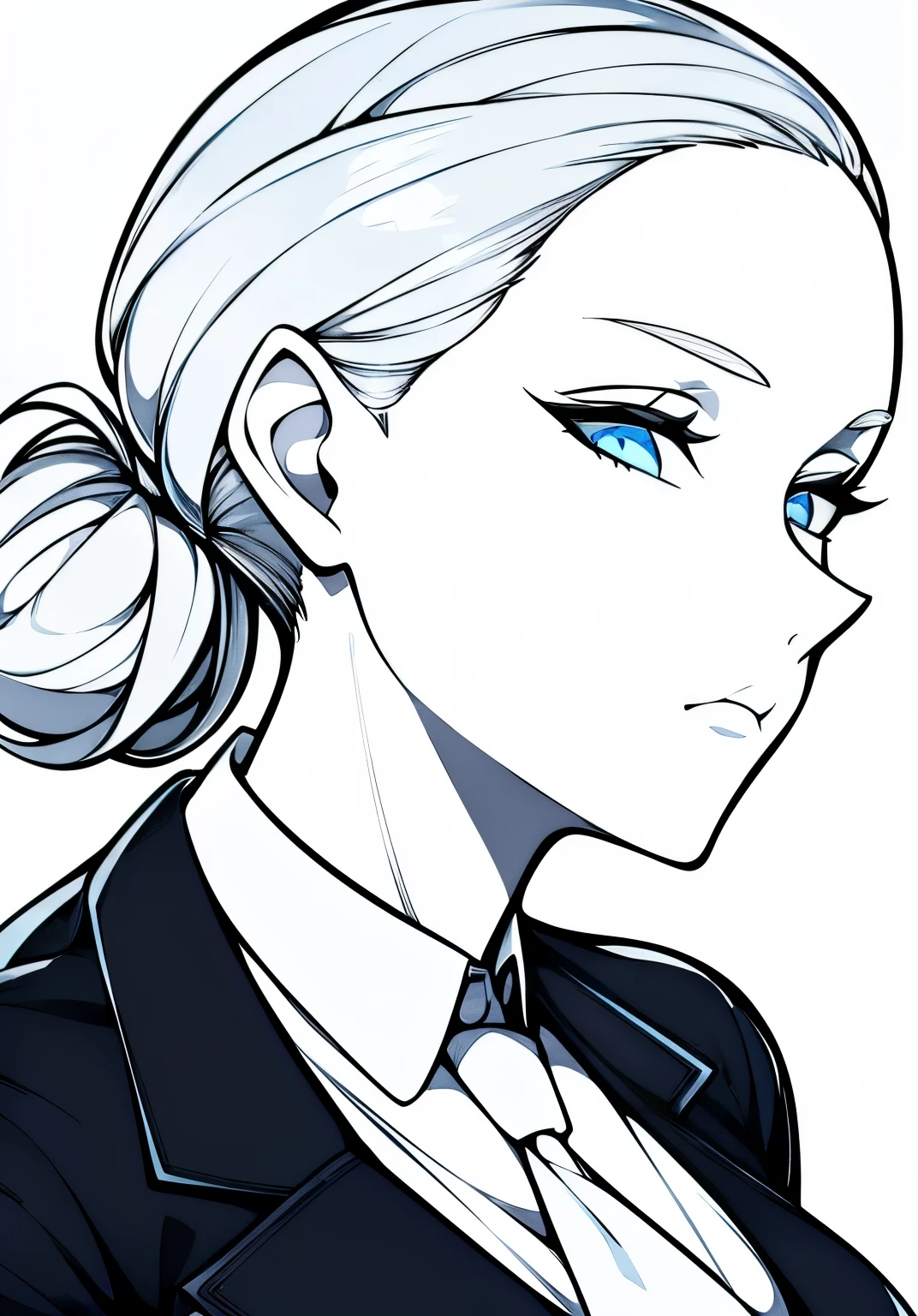 One Young Adult female, white and tender skin, pale blonde slicked back into a short ponytail, steel blue eyes, light and carefree expression, wearing black suit jacket and tie, portrait style, facing forwards