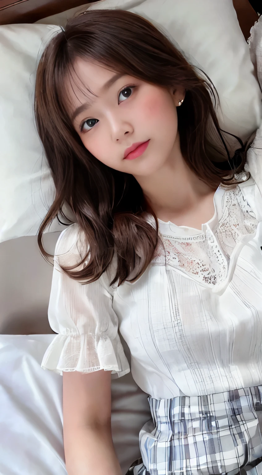 top-quality、hight resolution、ultra-detailliert、masterpiece、Raw photography、realisitic、Photorealsitic、extremely delicate and beautiful、finely detail、Textured skin、full-body shot、(in hotel)、1woman 、japanese、18year old、(((wearing white blouse and plaid long skirt))),detailed panties showing,(((lying down on the bed and spreading her legs))),focus her tights,、((rib knit blouse)),tall,Brown hair、wavy hair,short hair,Wearing makeup,、Do not wear anything on your arm、perfectly proportions,spreading her legs,focus her panties,(((sexual position missionary))),(((lying down on the bed))),ponytail,(((missionary pov))),splashing with semen,perfect and beautiful face,beautiful and detailed face、slim face and style,Big eyes、Do gal makeup,real photos,(((bare legs))),beautiful legs,beautiful tights
