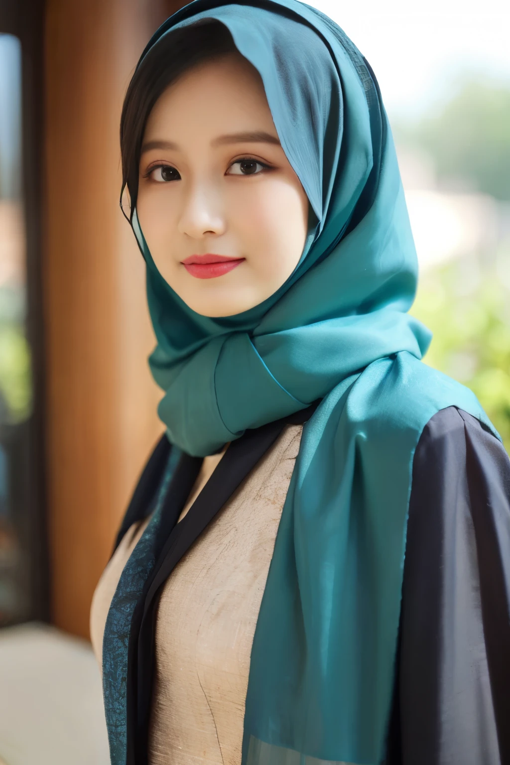 (best quality,4k,8k,highres,masterpiece:1.2),ultra-detailed,(realistic,photorealistic,photo-realistic:1.37),beautiful detailed eyes,beautiful detailed lips,extremely detailed eyes and face,longeyelashes,hijab,feminine clothing,traditional-modern fusion,fresh and vibrant garden,golden hour sunlight,warm and soft lighting,playful pose,natural smile,serene expression,colorful flowers,green vines,tall trees,lovely butterflies,detailed patterns on hijab,subtle textures on clothing,elegant posture,stylish hijab pin,peaceful atmosphere,relaxed stance,natural beauty,different shades of green,beautiful garden architecture,sparkling droplets on leaves,blissful gaze,bright and cheerful colors,artistic portrait style,lush foliage,serenity and grace,transparent hijab fabric,graceful movements,harmonious blend of tradition and modernity,authentic cultural representation,expressive eyes,delicate makeup,sparkling eyes,captivating charm,modest yet fashionable attire,ethereal beauty,indonesian princess theme,joy and elegance,traditional accessories,expressive eyebrows,radiant glow,traditional motifs,sublime femininity,silky smooth hijab fabric.