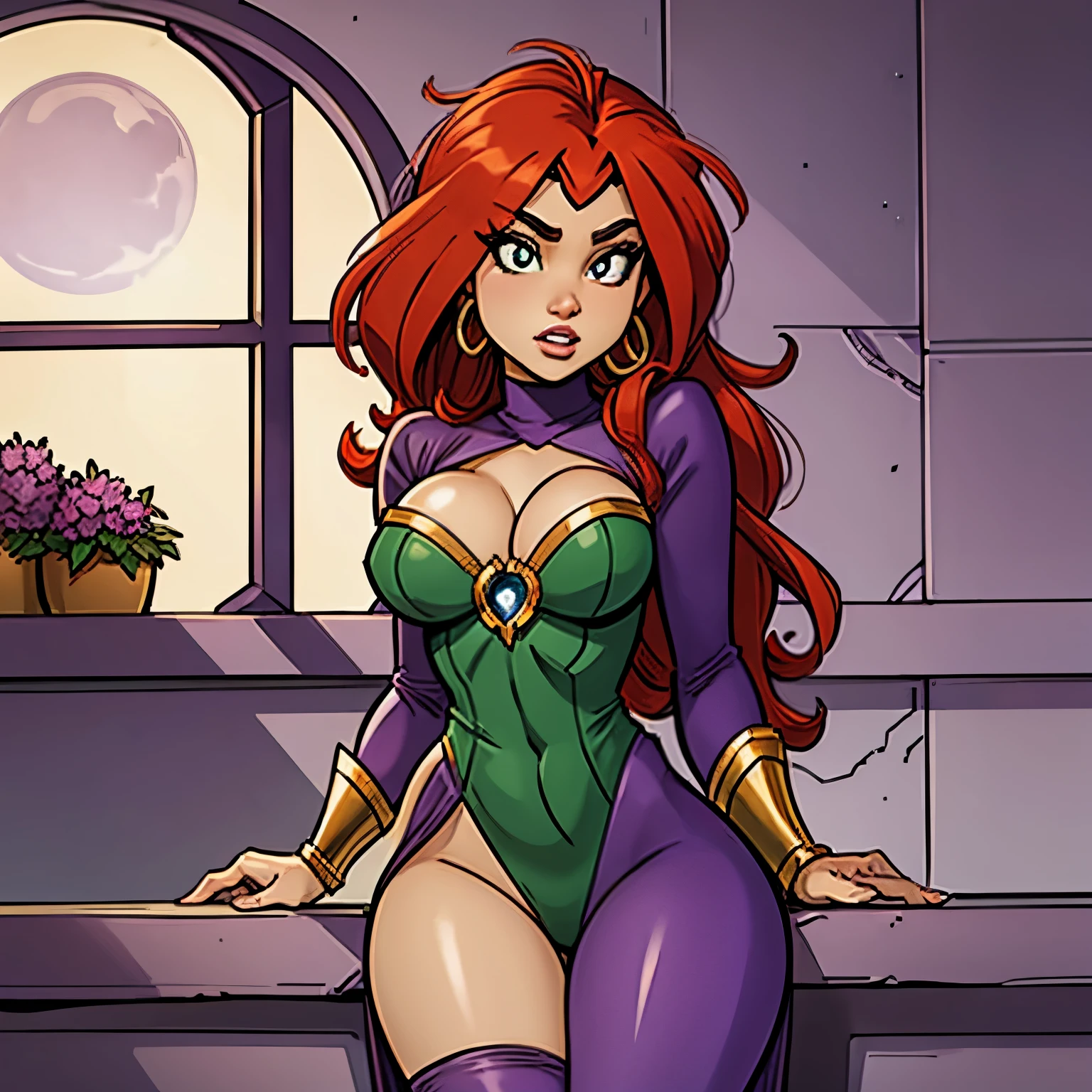 StarFire( titans), red hair, glowing green eyes, green gem, purple jumpsuit, large chest, cleavage, boob window, purple stockings, purple sleeves, bloody war in background, fire,