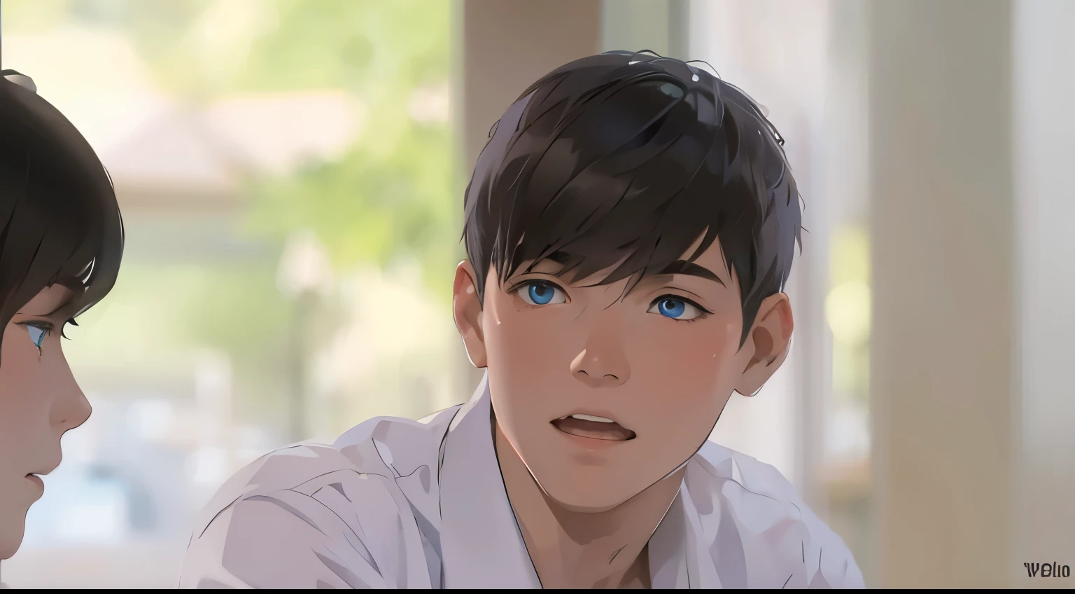 cute young boy 15 years old big blue eyes gray hair 