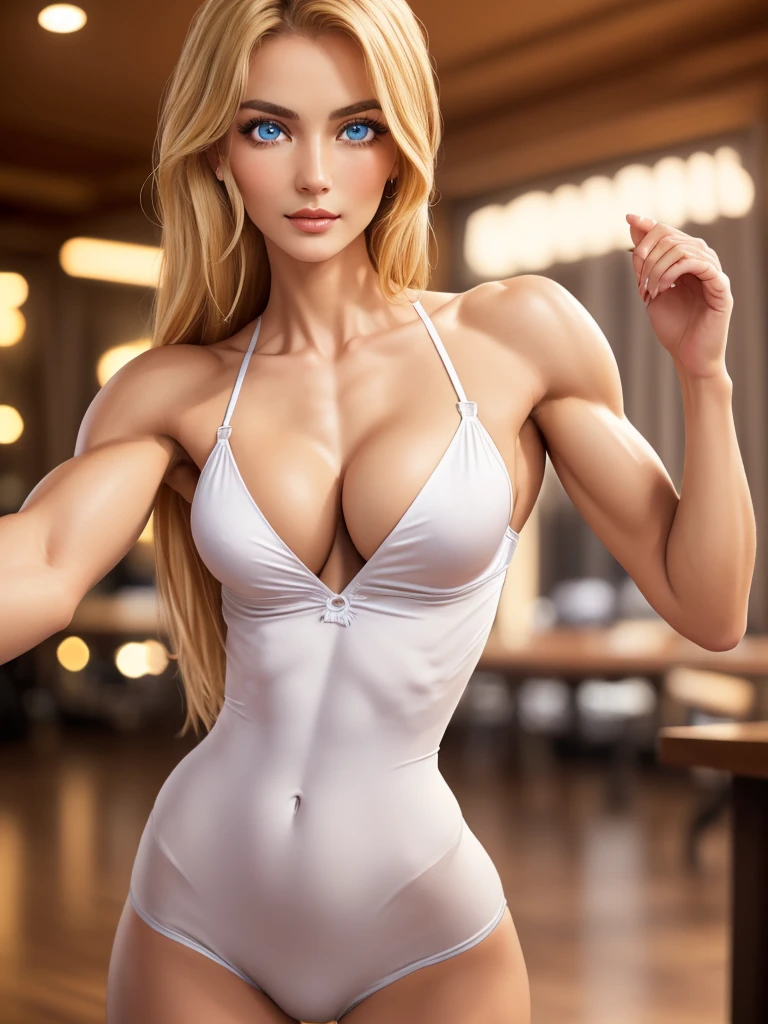 muscular, thick thighs, wide hips, huge perky ass, very very tanned white skin, slicked blonde hair, (most beautiful woman on earth, detailed face and eyes:1.5), looking at viewer, masterpiece, best quality, 8K HDR, huge breasts, 85mm photo, shallow depth of field, tack sharp, solo, 1girl, (face extremely close to camera, from front, leaning into camera, cleavage, downblouse:1.5), plump full lips, exaggerated hourglass physique, shredded fit body, zero body fat, muscle definition, striations, broad shoulders, deltoids, tiny waist, long lean torso, shredded eight pack abs, obliques, real hands, professional ballroom dancer, incredibly seductive, upper body view