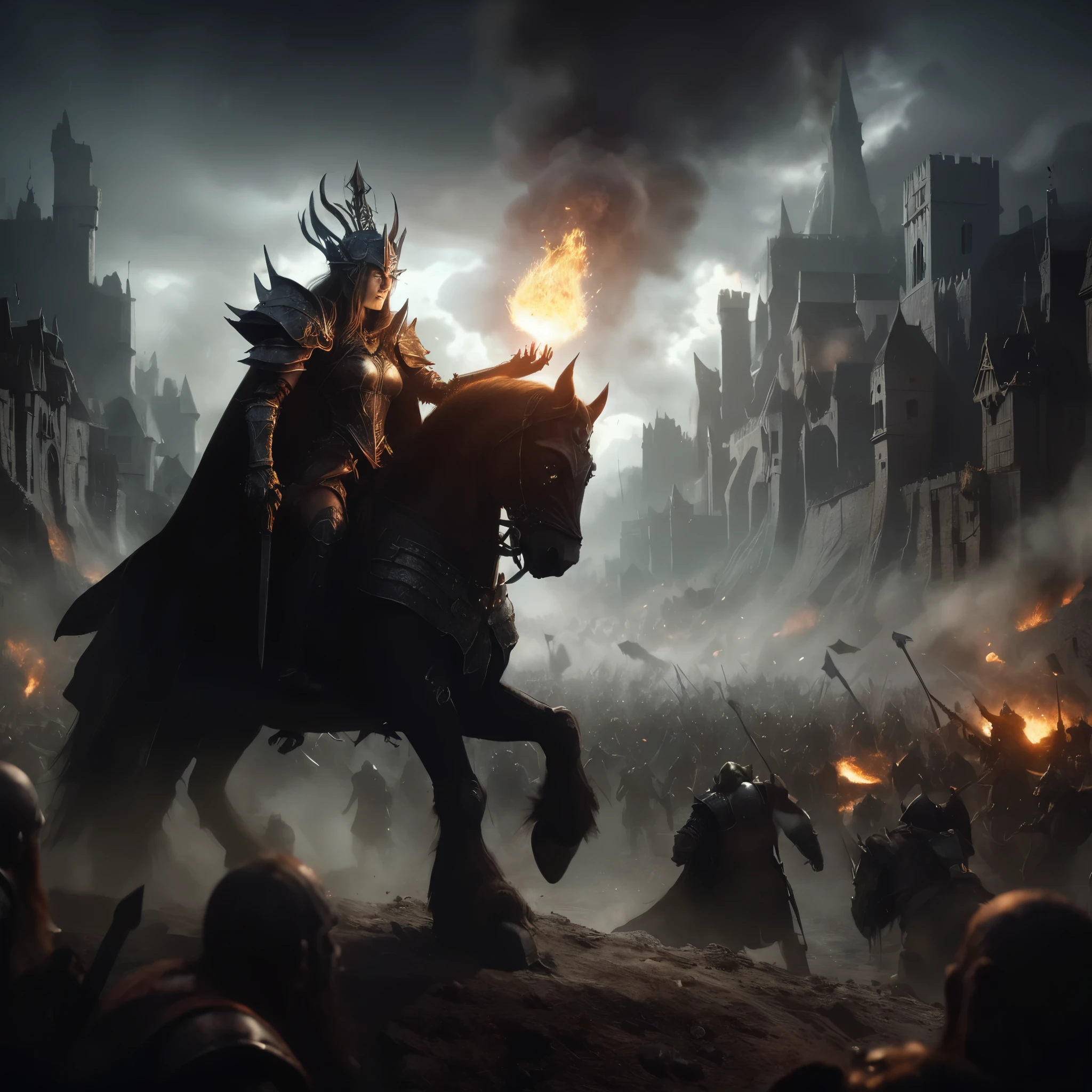 Realistic digital drawing, dark fantasy D&D world. Medieval city, Humans and orcs, Army of evil. A powerful female general in dark and magical armor gives orders to attack the city. she sits on a large and dark mount, exudes power and might. she throws a magical fireball from her hand which shatters the walls, the orc army beats the defenders,, dirt, destruction, weapons, catapults, magic, fire, sparks, magical fire clue, Dynamic action, film grain, high depth of field, cinema mode