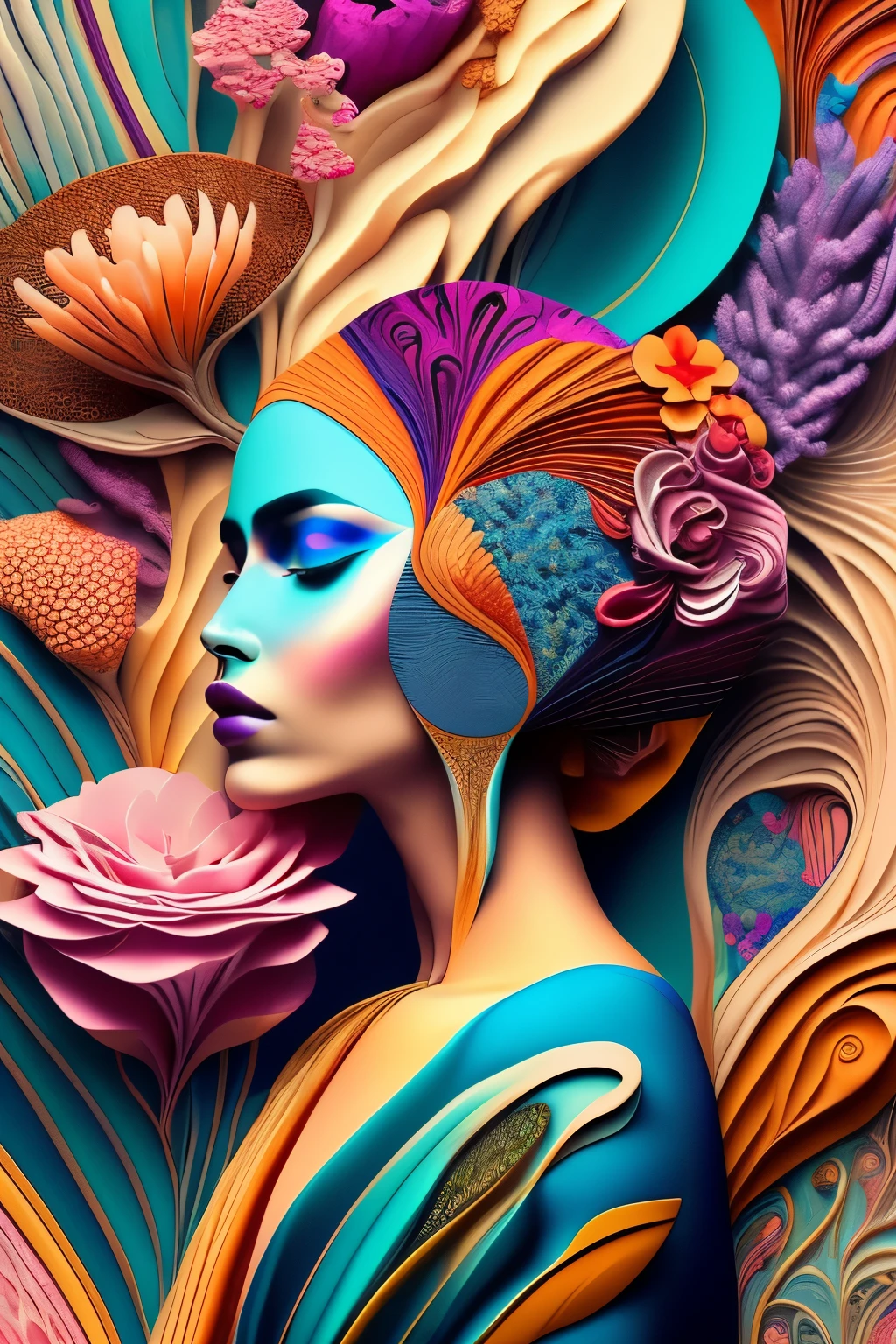 This is a mesmerizing and richly textured digital artwork. The focal point of the image is a woman, elegantly seated in profile to the left, intently engrossed in her painting at an ornate easel. The canvas on her easel blends seamlessly with the intricately detailed and fantastical environment around her, filled with a dazzling array of colors and patterns reminiscent of an organic, otherworldly landscape.
The background and foreground pulsate with a myriad of hues and patterns, mimicking the shapes and forms of natural elements like coral reefs, exotic plants, and flowers, yet rendered in a highly stylized and abstract manner.