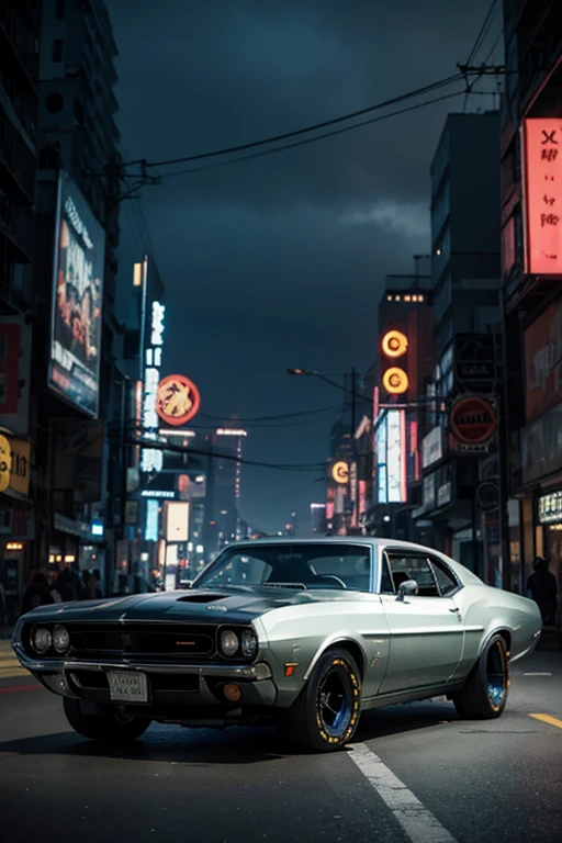 Classic muscle car in a futuristic cyberpunk city