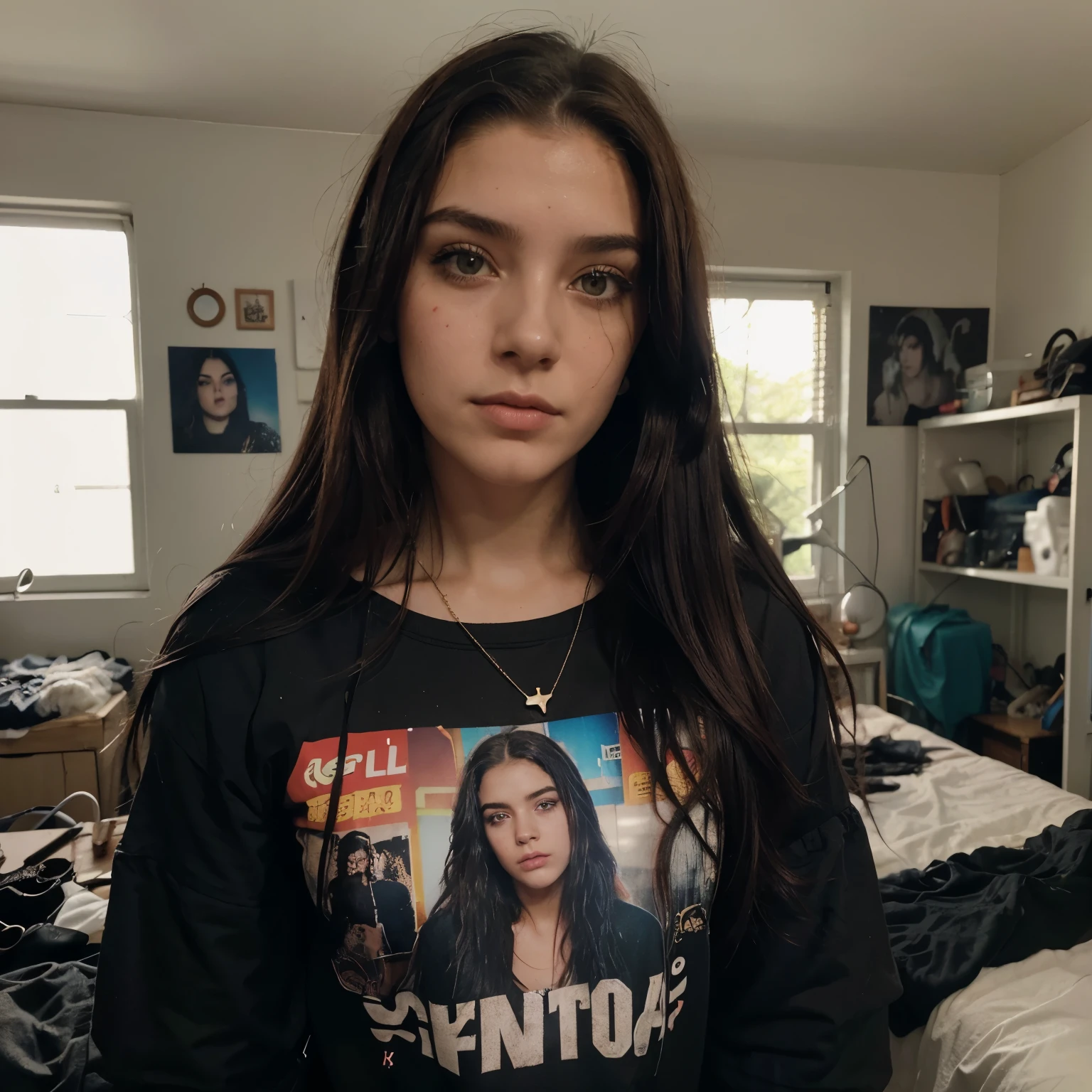 Foto CRU, fotografia de uma mulher de 20 anos de Qubcoise, (detailed facial features), rosto lindo, estilo grunge, standing in your messy room, pale skin, usando delineador, granulado, (pele altamente detalhada:1.2), Gothic, cabelo de cena, (garota emo), Messy hair, usando pulseiras, usando gargantilha, instagram, colorido, ((rosto detalhado)), selfie, Billie elish cabelo longo metade vermelha metade preto