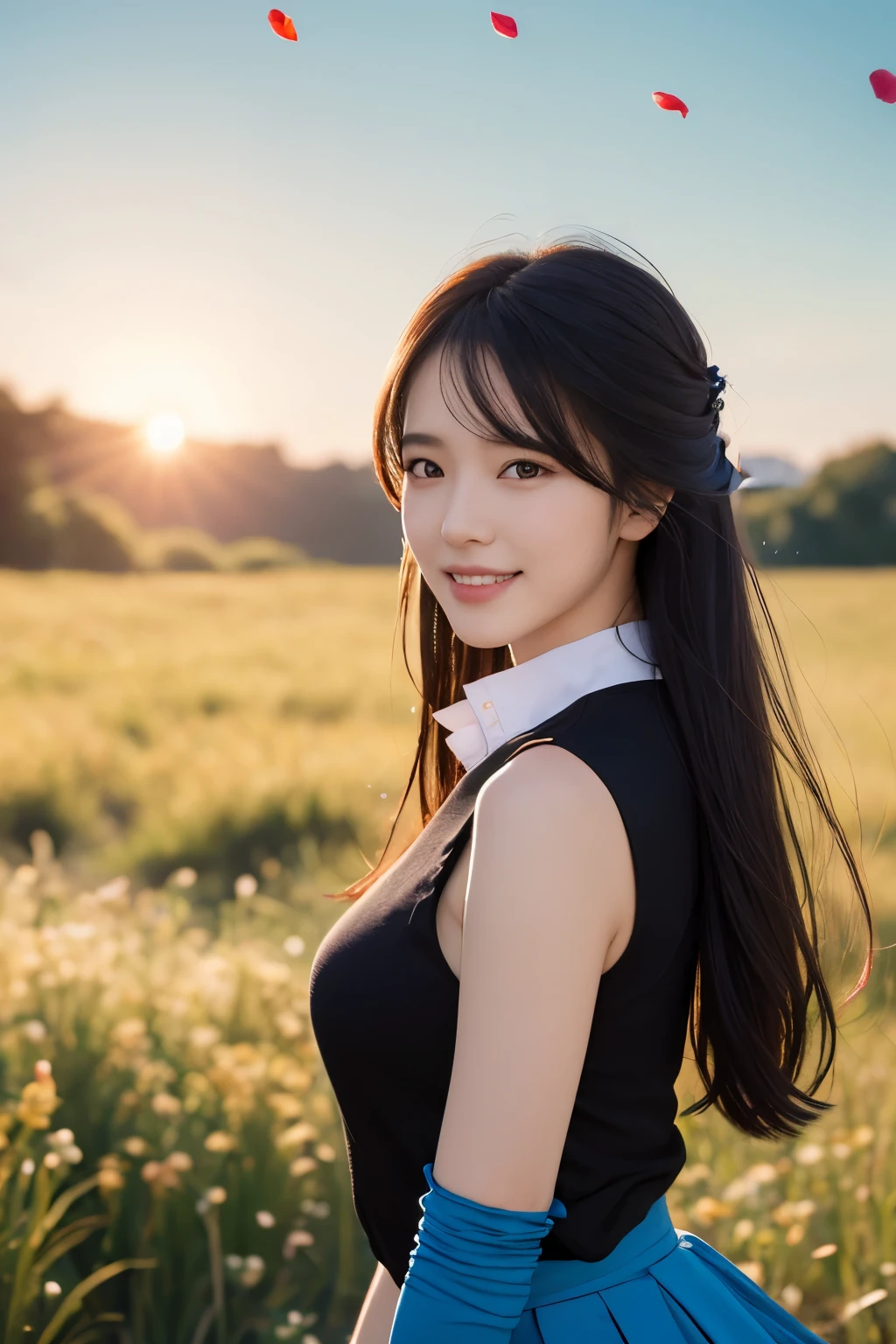 masterpiece, realistic, hyperrealistic, best quality, rinoa heartilly, long hair, black hair, arm warmers, sleeveless coat, black shirt, blue skirt, arm ribbon, upper body, from side, (smile), wind, RAW photo, delicate, (intricate details:1.3), hyper detail, finely detailed, colorful, dark shadow, 1girl, solo, 8k uhd, film grain, (photorealistic:1.3), (detailed skin:1.2), beautiful detailed eyes, skin textures, sun light, grassland, flowers, (petals in sky, falling petals,)