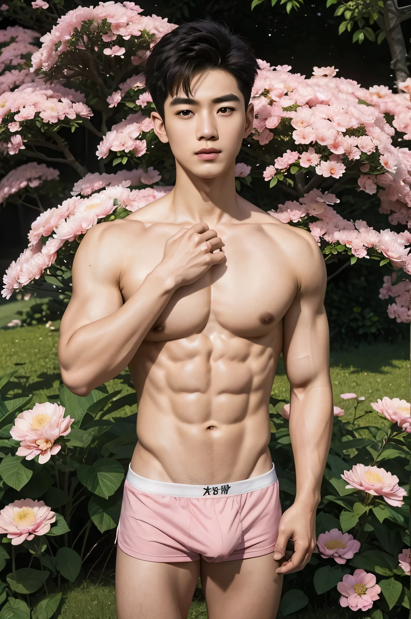 (masterpiece, ultra photo realistic, 4k, 8k, high quality), a asian boy with short stylish pink hair out on a green grass surrounded by flowers, wearing only pink underwear, chinese garden, young face, chinese idol, slim body, large pecs, young boy, handsome face, Cute and lively, Little cute, detailed eyes, Pectoral and abdominal muscles, Raised pectoral muscles, full body image, Super refined, Spread your hands outward, peaceful and serene tone
