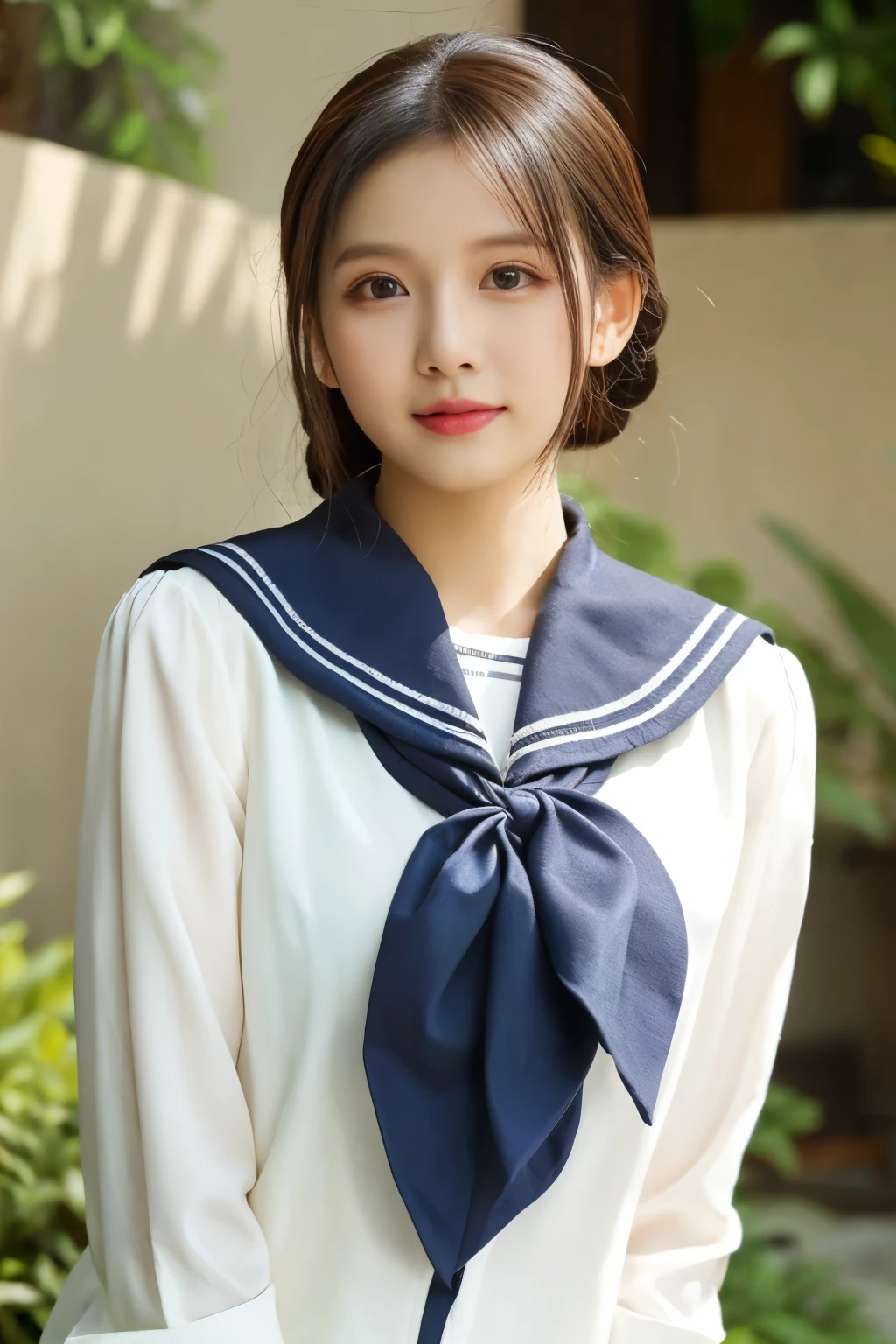 (best quality,4k,8k,highres,masterpiece:1.2),ultra-detailed,(realistic,photorealistic,photo-realistic:1.37), HDR, UHD, studio lighting, extreme detail description, professional, vivid colors, bokeh, portrait, indonesian girl, beautiful detailed eyes, beautiful detailed lips, extremely detailed eyes and face, long eyelashes, middle-class, wearing white hijab, neat clothing, school uniform, Indonesia scenery, green garden background, soft natural lighting, serene expression, confident posture, no glasses, clear skin, black hair, traditional batik patterns, cheerful atmosphere, daylight colors, clear blue sky, young and radiant, harmonious composition, joyful and bright, elegant and graceful, realistic Indonesian style, culturally diverse, traditional elements blended with modern fashion, authentic Indonesian beauty, proud and strong, friendly and welcoming, timeless masterpiece, gentle and pure, symbol of Indonesian culture, vibrant and lively, vibrant and energetic, happy and optimistic.