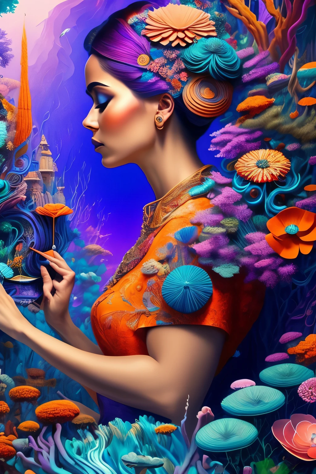 This is a captivating and richly hued digital masterpiece. At the heart of the scene lies a woman, featured in profile on the left side, intently focused on her painting at an easel. The canvas before her seems to merge flawlessly with the intricately designed and fantastical surroundings, presenting a dreamlike landscape that is a harmony of colors and ornate patterns.

The background and foreground burst with vivid shades and intricate patterns, mimicking organic structures like coral reefs, plants, flowers, and even sea anemones, yet rendered in a highly stylized, abstract manner. The color palette encompasses deep blues, purples, vibrant oranges,