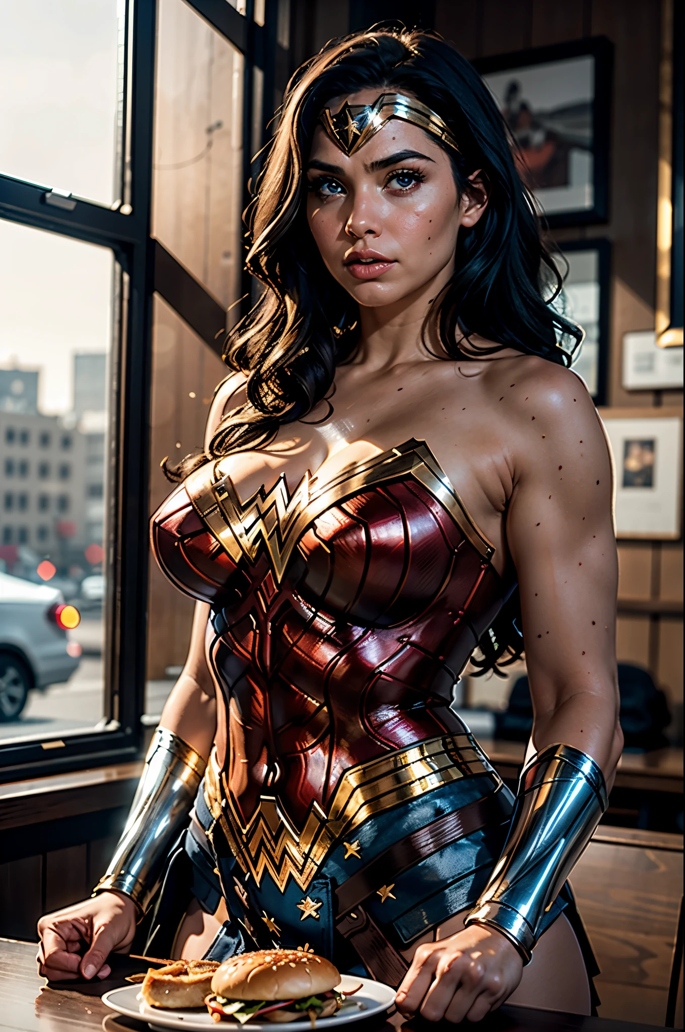 hyperrealism, (photorealistic:1.2), masterpiece, best quality, perfect detail, cinematic lighting, professional photo, realistic photo, raw photo, fat wonder woman, with a hamburger, in a cafe, majestic lighting, bokeh, film grain.