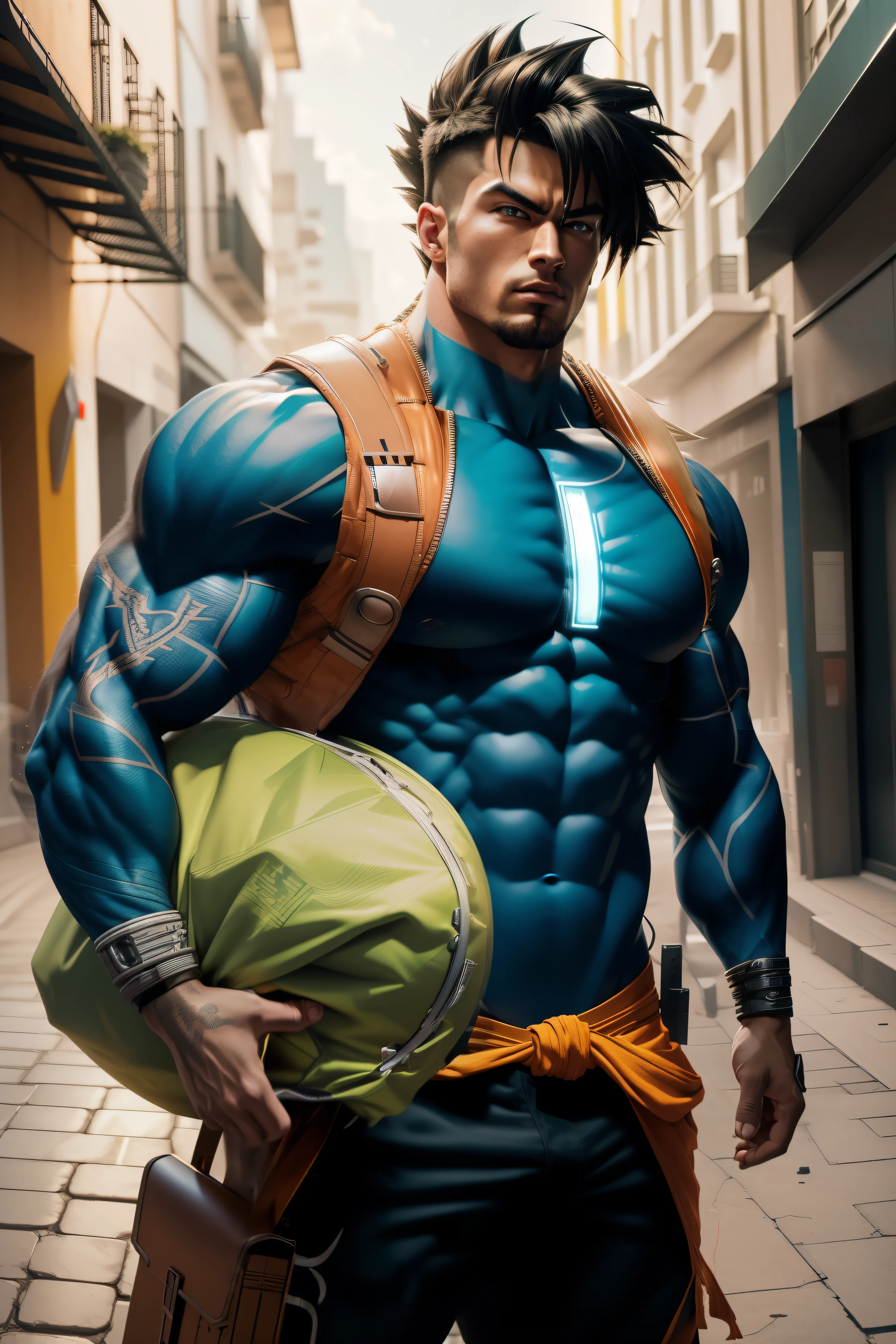 (best quality, HDR, ultra-detailed, realistic:1.37), wearing cybernetic attire, muscular and athletic physique, extremely large, hair like Goku's Super Saiyan, warrior, barbarian, visible chest and abdomen, cyberpunk style, vibrant colors, intense lighting