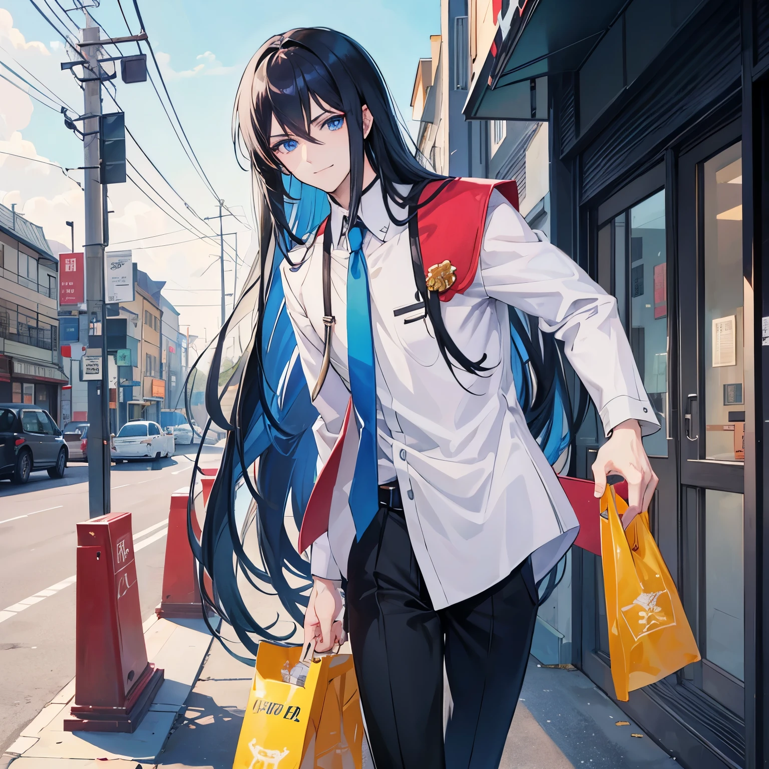 anime guy with long black hair and blue eyes standing on a sidewalk, handsome guy art, anime handsome man, anime portrait of a handsome man, handsome japanese boy, boy smiles very cute, handsome anime pose, young anime man, male anime character, official character art, tall anime guy with blue eyes, male anime style, official character illustration, pretty boy, beautiful face, cool fashion style