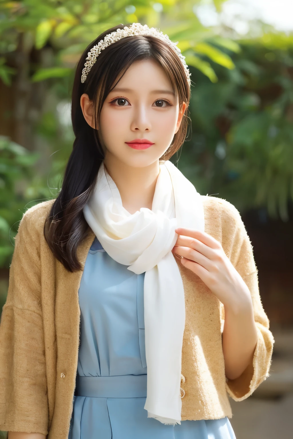 (best quality,4k,8k,highres,masterpiece:1.2),ultra-detailed,(realistic,photorealistic,photo-realistic:1.37), HDR, UHD, studio lighting, extreme detail description, professional, vivid colors, bokeh, portrait, indonesian girl, beautiful detailed eyes, beautiful detailed lips, extremely detailed eyes and face, long eyelashes, middle-class, wearing white hijab, neat clothing, school uniform, Indonesia scenery, green garden background, soft natural lighting, serene expression, confident posture, no glasses, clear skin, black hair, traditional batik patterns, cheerful atmosphere, daylight colors, clear blue sky, young and radiant, harmonious composition, joyful and bright, elegant and graceful, realistic Indonesian style, culturally diverse, traditional elements blended with modern fashion, authentic Indonesian beauty, proud and strong, friendly and welcoming, timeless masterpiece, gentle and pure, symbol of Indonesian culture, vibrant and lively, vibrant and energetic, happy and optimistic.