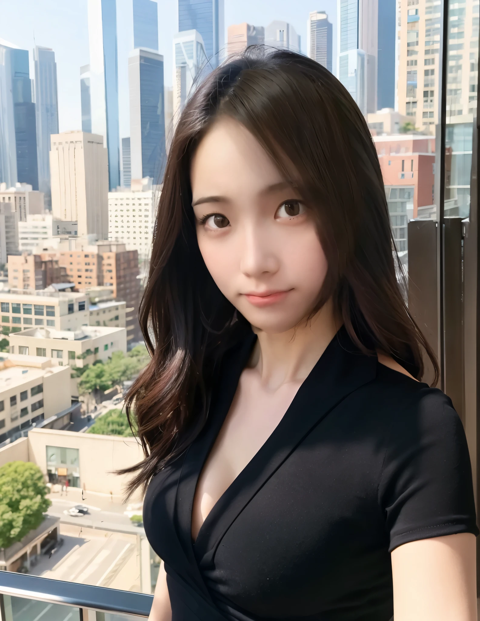 black ladies spring clothes、The clavicle is visible、small bust、A little bit of cleavage is visible、The background is the cityscape as seen from a 10th floor apartment building.、