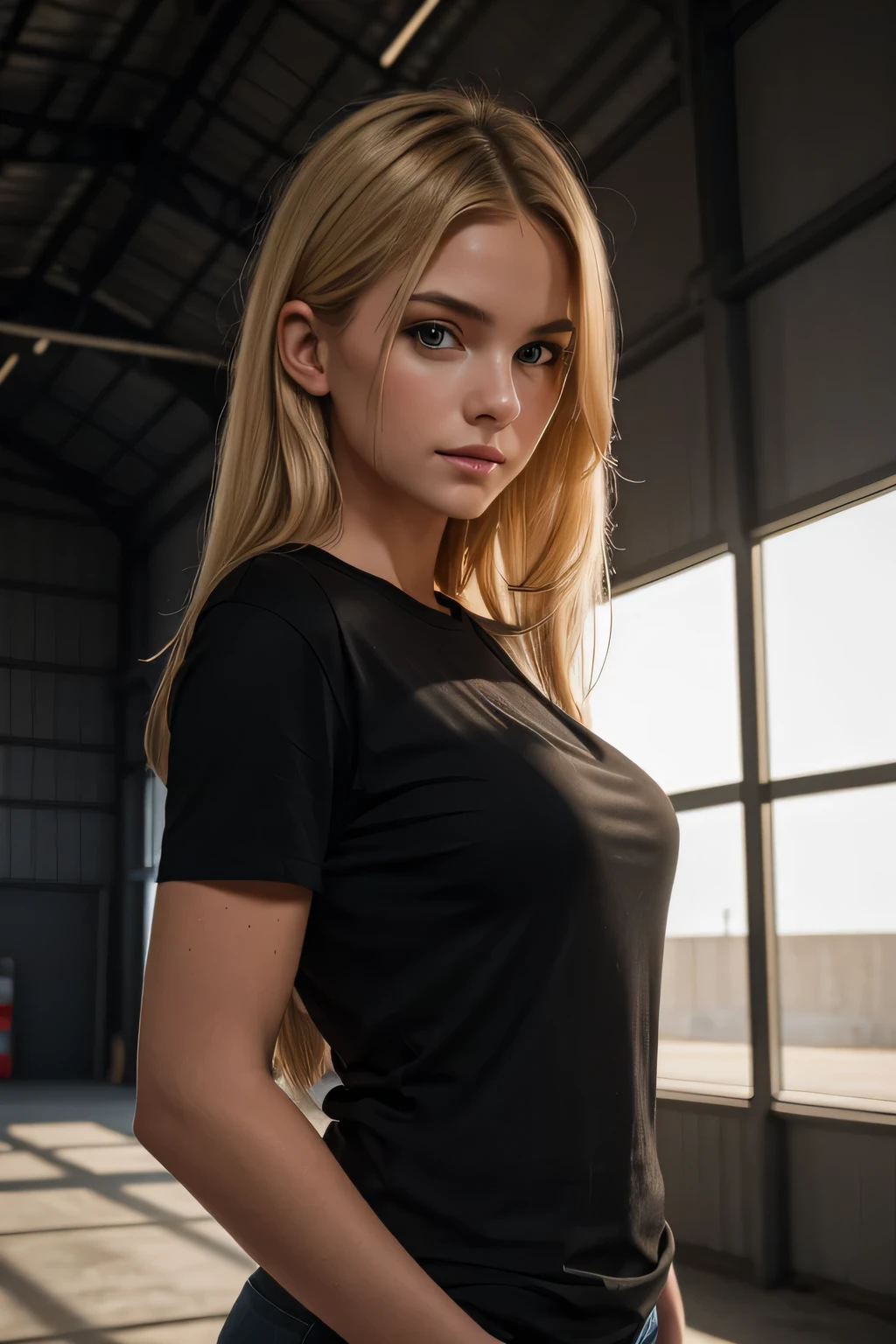 masterpiece, real photo, perfektes face, realistic, masterpiece, foto, studio, blone woman, blonde, young, black t-shirt, posing front of camera, in a hangar, dark light, smooth lighting, t-shirt, normal t-shirt, facing to camera, frontal to camera, matte material, matte fabric