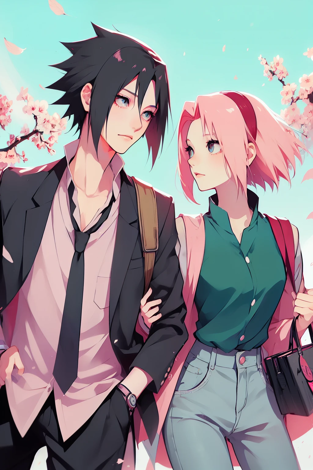 sasusaku. Sasuke Uchiha, tall man with black hair, wearing a white blouse and jeans, he holds a bag, he is a high school student. Sakura, a thin woman with pink hair, she is behind Sasuke, she is a rebellious . movie poster, romance, best quality