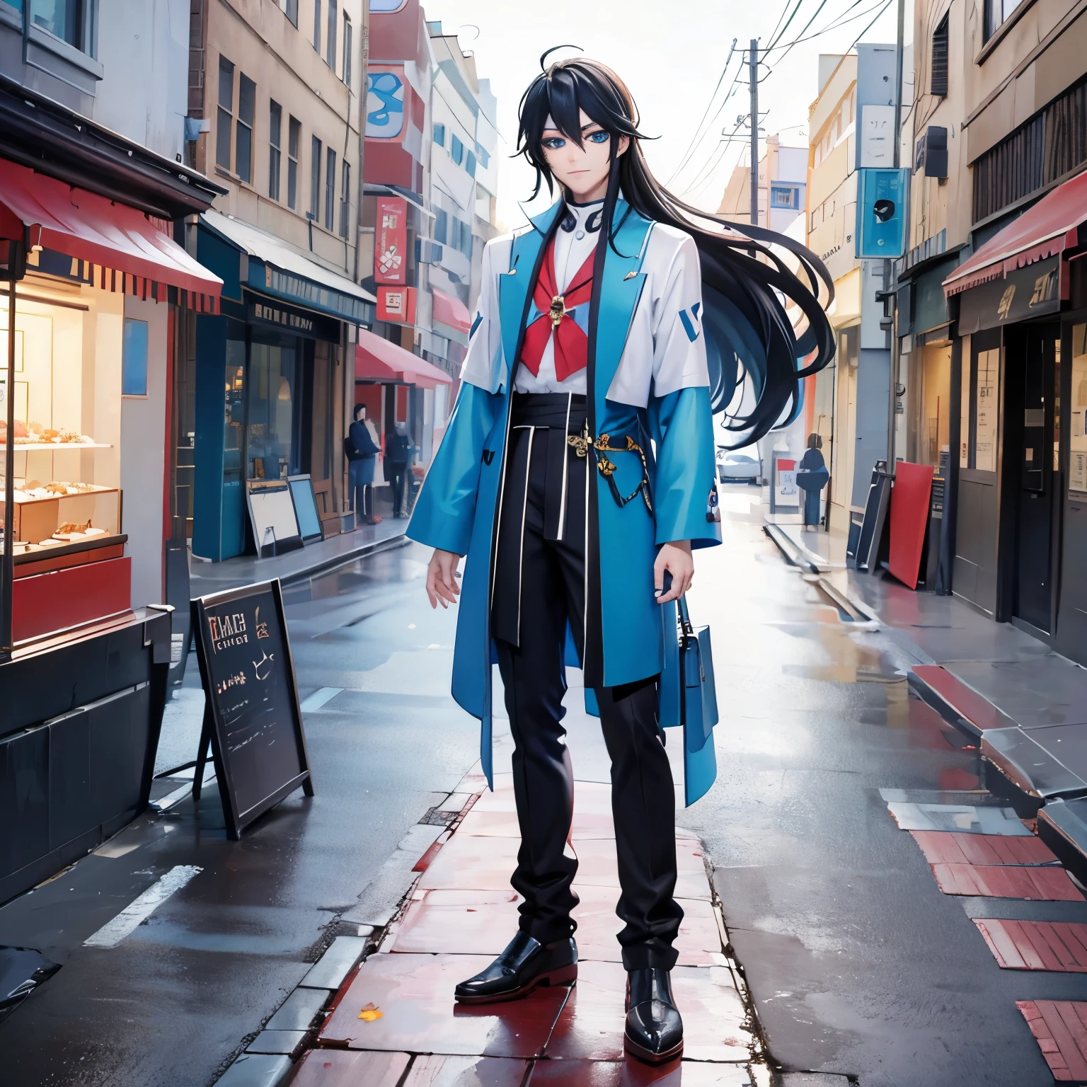 anime guy with long black hair and blue eyes standing on a sidewalk, handsome guy art, anime handsome man, anime portrait of a handsome man, handsome japanese boy, boy smiles very cute, handsome anime pose, young anime man, male anime character, official character art, tall anime guy with blue eyes, male anime style, official character illustration, pretty boy, beautiful face, cool fashion style 