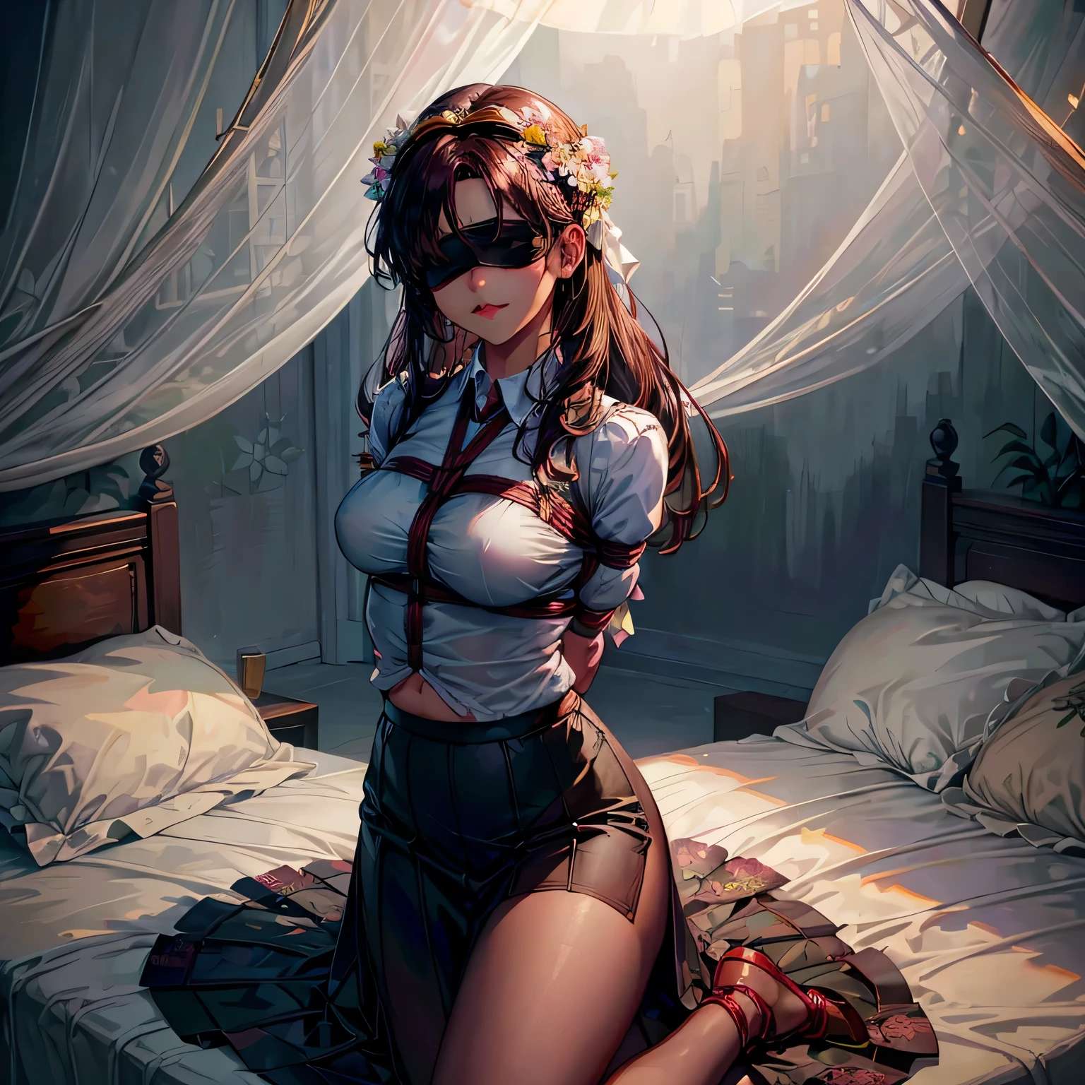 1girl,(bright lighting,romantic setting),dreamy background,,dark hair, mesmerizing gaze, , soft skin, alluring beauty, artistic portrait, high-quality image, vibrant colors,long  floral sheer skirt, mosquito net, romantic bedroom, sidesuspension,solobound,blindfold,gag
