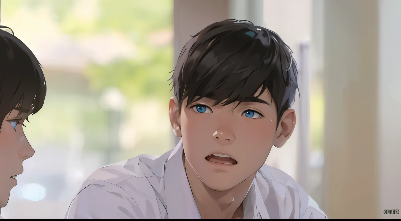 cute young boy of 15 years old is worried tries to understand something tries to remember something but can'tbig blue eyes gray hair