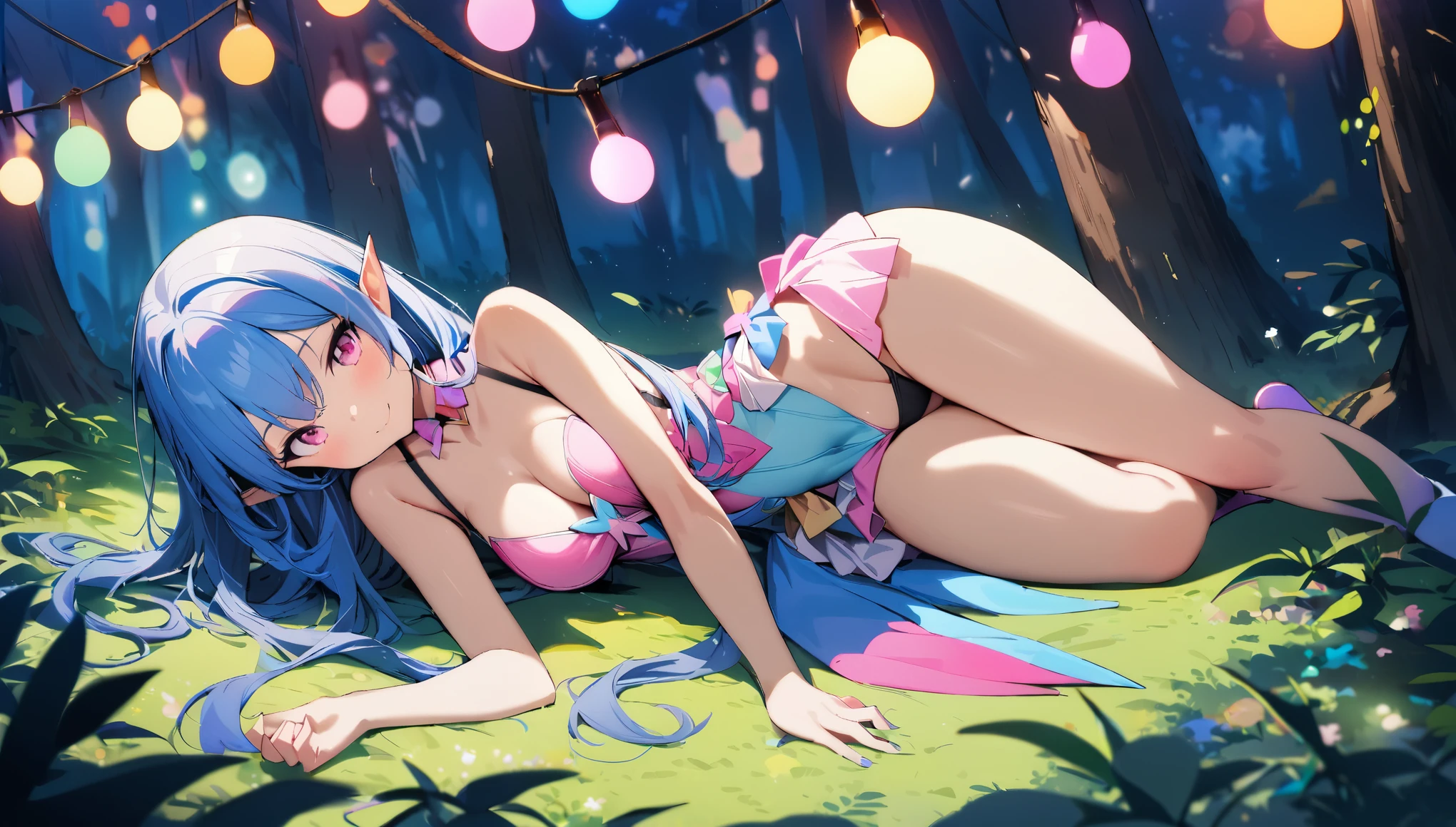 1girl, looking at camera, straight hair, pink eyes, blue hair, medium breast, mini tube dress, masterpiece, best quality , on the forest, dreamy, sexy, colorful, thighs, smiling, colorful, lights, shadows, elf, magical girl, full body, lying, showing panties