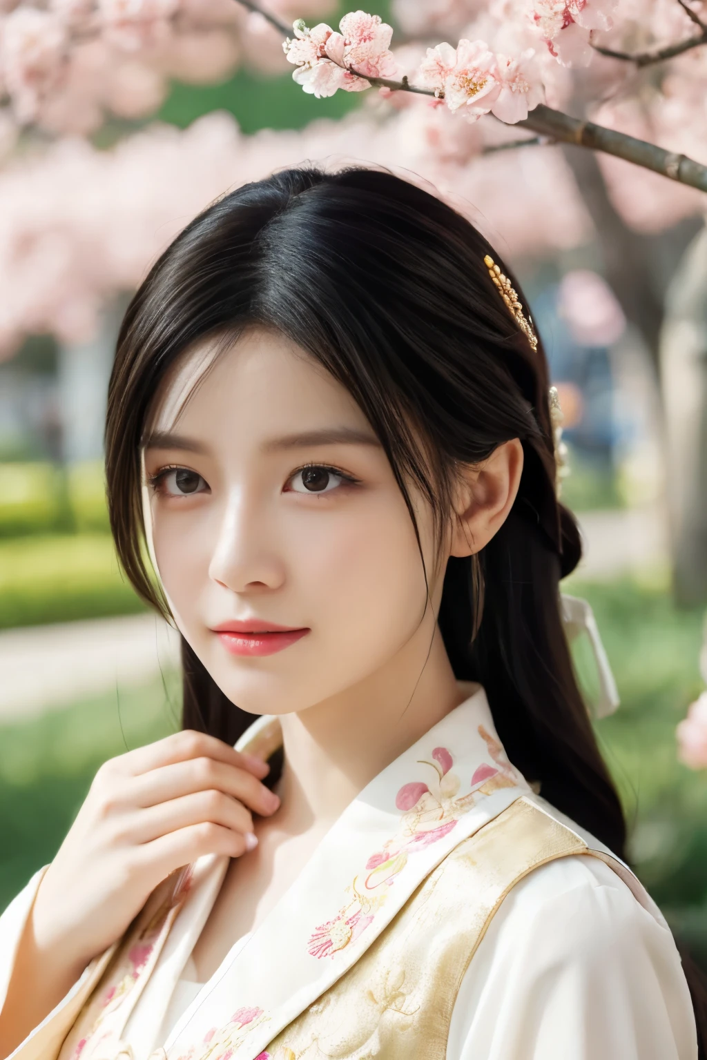 (photorealistic, highres) Beautiful Chinese cosplayer girl in an exquisite garden, wearing a stunning cosplay outfit and capturing the essence of Chinese fashion. The girl's intricate costume exhibits amazing attention to detail, with vibrant colors and intricate patterns. Her cosplay is inspired by traditional Chinese elements, such as elegant silk fabrics, delicate embroidery, and ornate hair accessories. The girl's face is adorned with flawless makeup, enhancing her natural beauty. Her eyes are mesmerizing and expressive, accentuated by long, fluttering eyelashes. She gracefully poses amidst the picturesque garden, surrounded by blooming cherry blossoms and lush greenery. Soft sunlight filters through the branches, casting a warm glow on the scene. The image radiates a sense of elegance, capturing the spirit of both modern cosplay and traditional Chinese aesthetics.