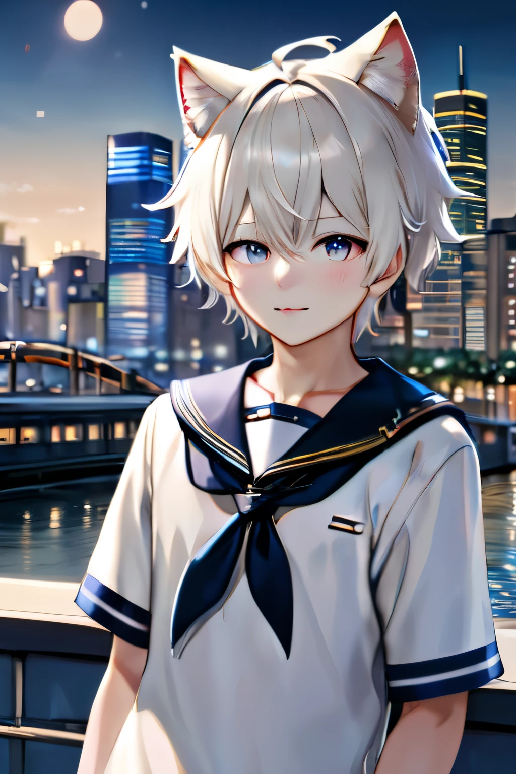 masterpice, best quality, 1boy, ((solo)), looking at viewer, cat ears, sailor_collar, messy hair, bangs, short hair, serafuku, sailor shirt, full body, background of a city scape, pedestrians, soft lights, realistic lights, white hair,