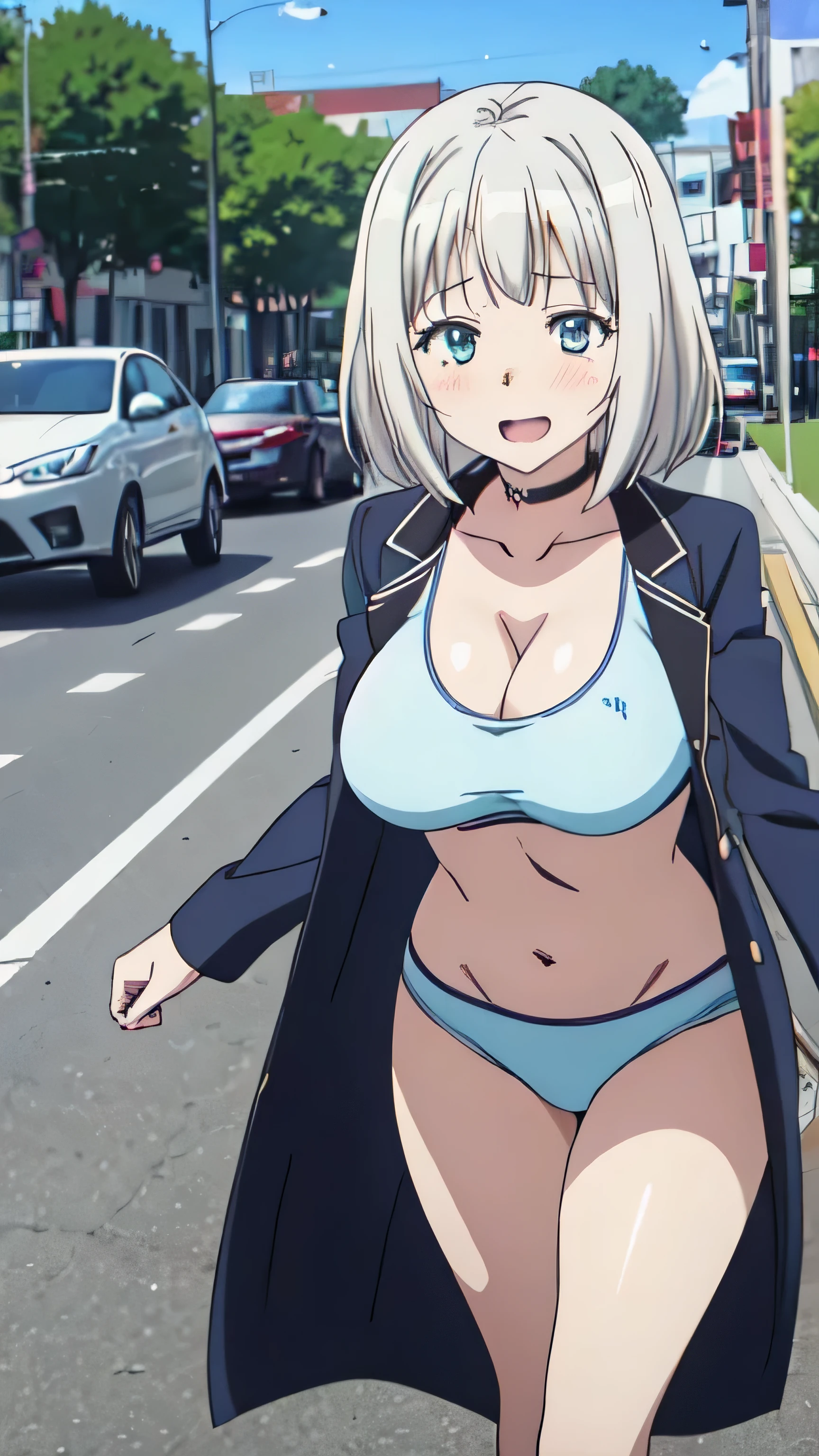 (((masterpiece))),fuyumi itadori, Anime girl characters, 1girl, solo, looking at viewer, medium hair, white hair,blue eyes, long sleeves, cleavage, bigger breasts, open mouth, collarbone, jacket, open clothes, open jacket, blue jacket, ground vehicle, sports bra, tall girl, horny, big ass, beautiful face,Charming, Tight-fitting clothing,  anime visual of a cute girl, screenshot from the anime film, & her expression is solemn, ahegao face, in the anime film, in an anime, anime visual of a young woman, she has a cute expressive face, still from anime, perfect breast, smile face