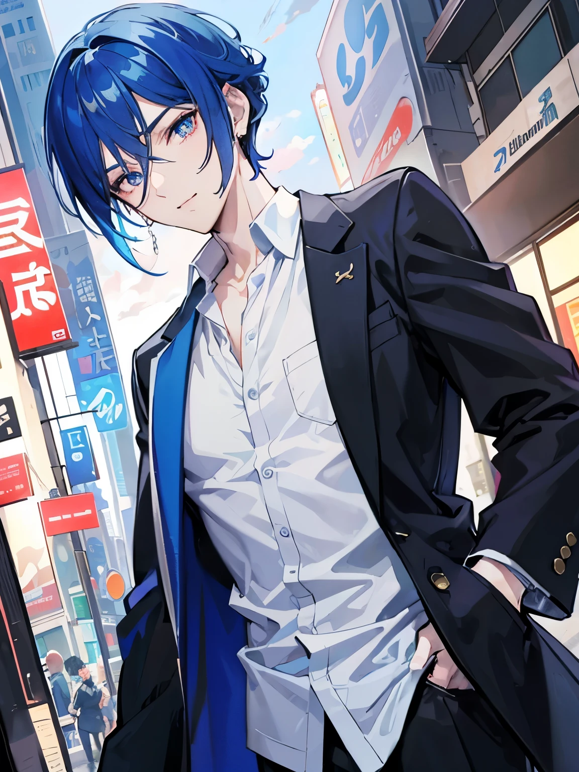 anime guy with short black hair and blue eyes standing on a sidewalk, normal pose, normal model pose, handsome guy art, anime handsome man, anime portrait of a handsome man, handsome japanese boy, boy smiles very cute, handsome anime pose, young anime man, male anime character, official character art, tall anime guy with blue eyes, male anime style, official character illustration, pretty boy, beautiful face, cool fashion style