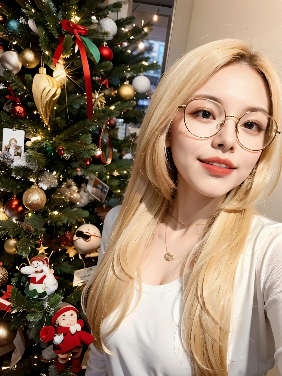 Young blonde woman wearing glasses standing in front of a Christmas tree, wearing gold glasses, wearing thin large round glasses, girl wearing round glasses, wearing small round glasses, !!wearing modern glasses!!, Ayahausca, wearing round glasses, with glasses, girl with glasses, inspirado em Maria Helena Vieira da Silva, Foto selfie 8k, sexy, decote, seios grandes, sensual, belo sorriso